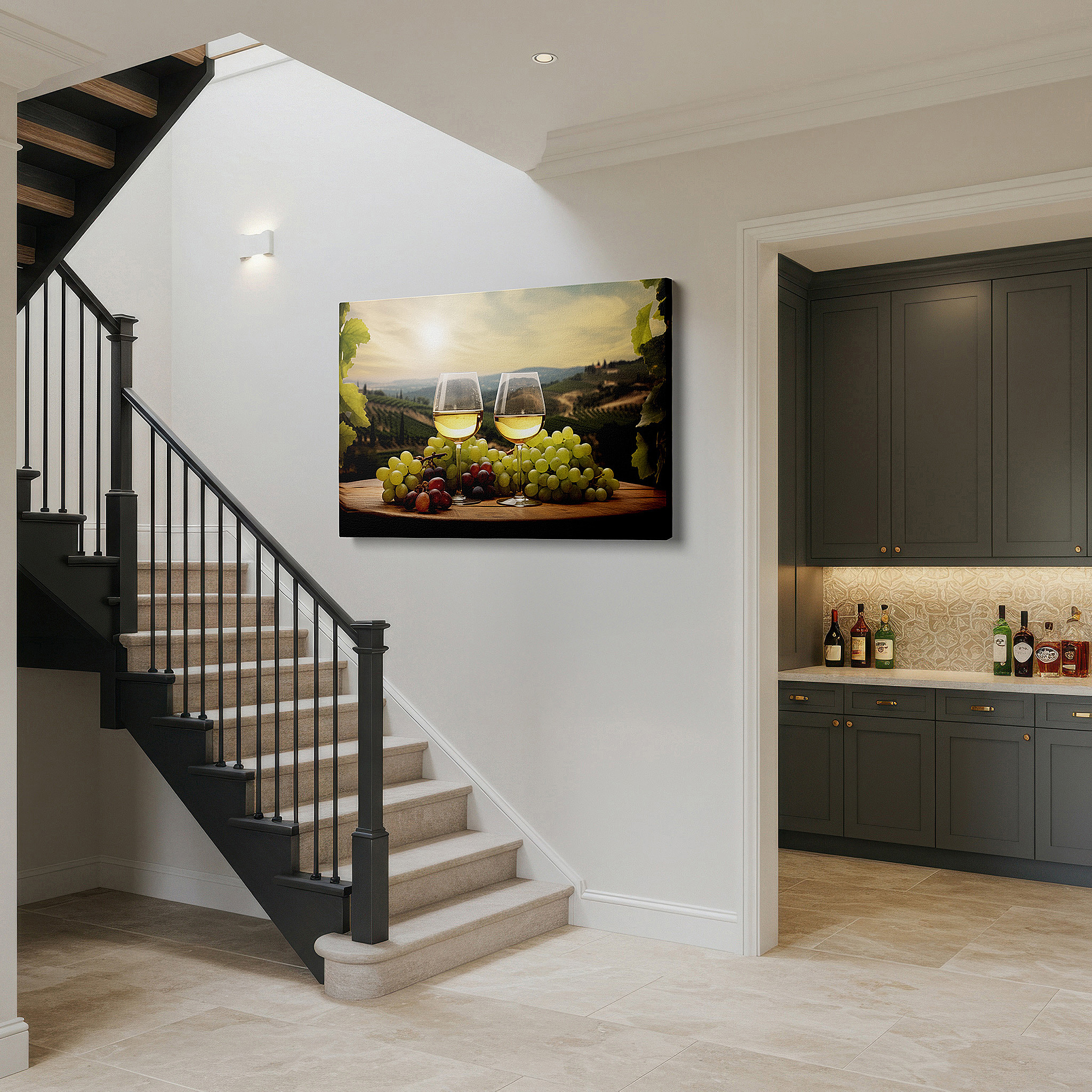 Set in a minimalist interior with textured walls and soft rugs — sunset serenity over vineyard large canvas wall art with white wine toast, perfect for office, bedroom, or living room decor