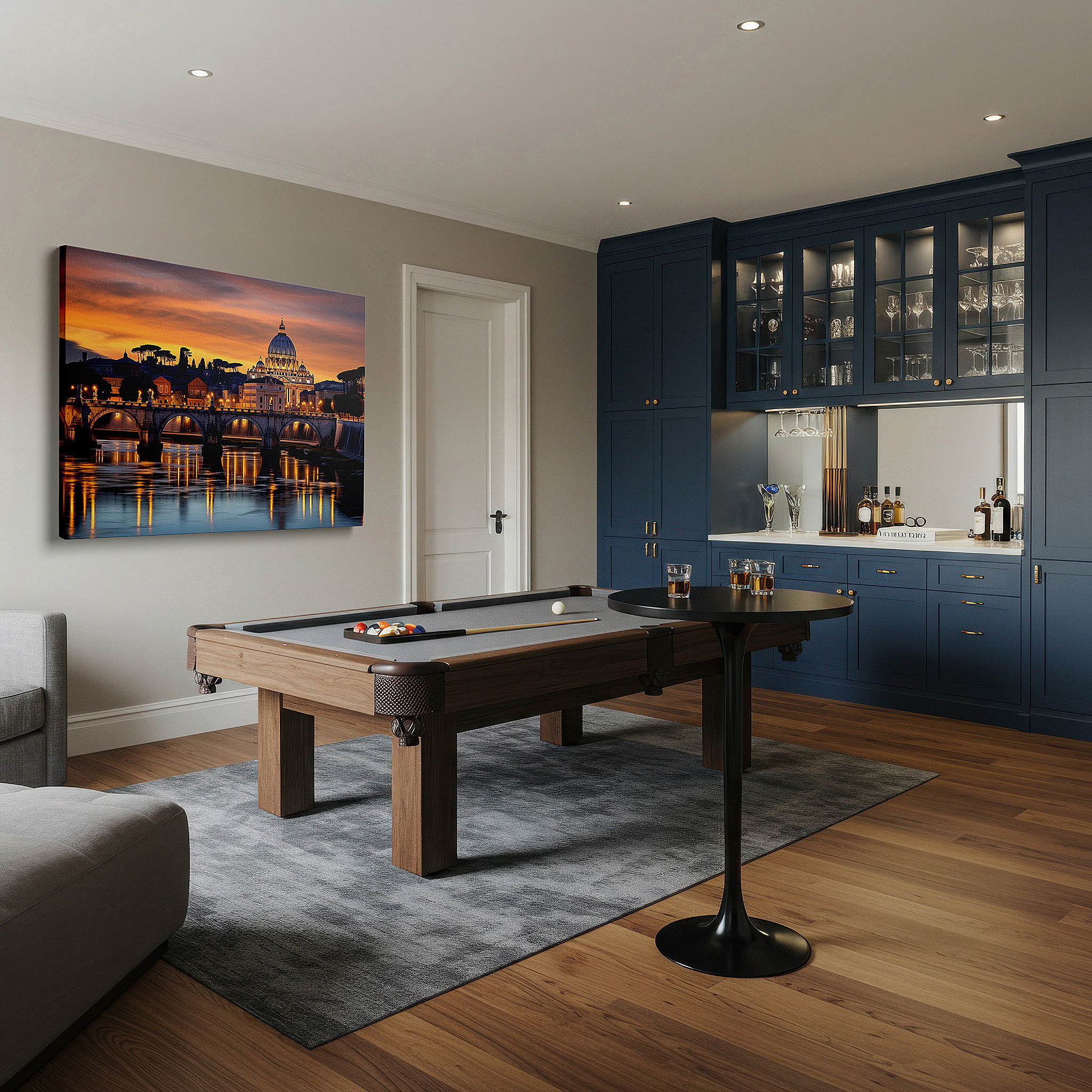 Set in a minimalist interior with textured walls and soft rugs — sunset over st. peter's basilica wall art: a symphony of light and reflection - large canvas art for office and bedroom decor