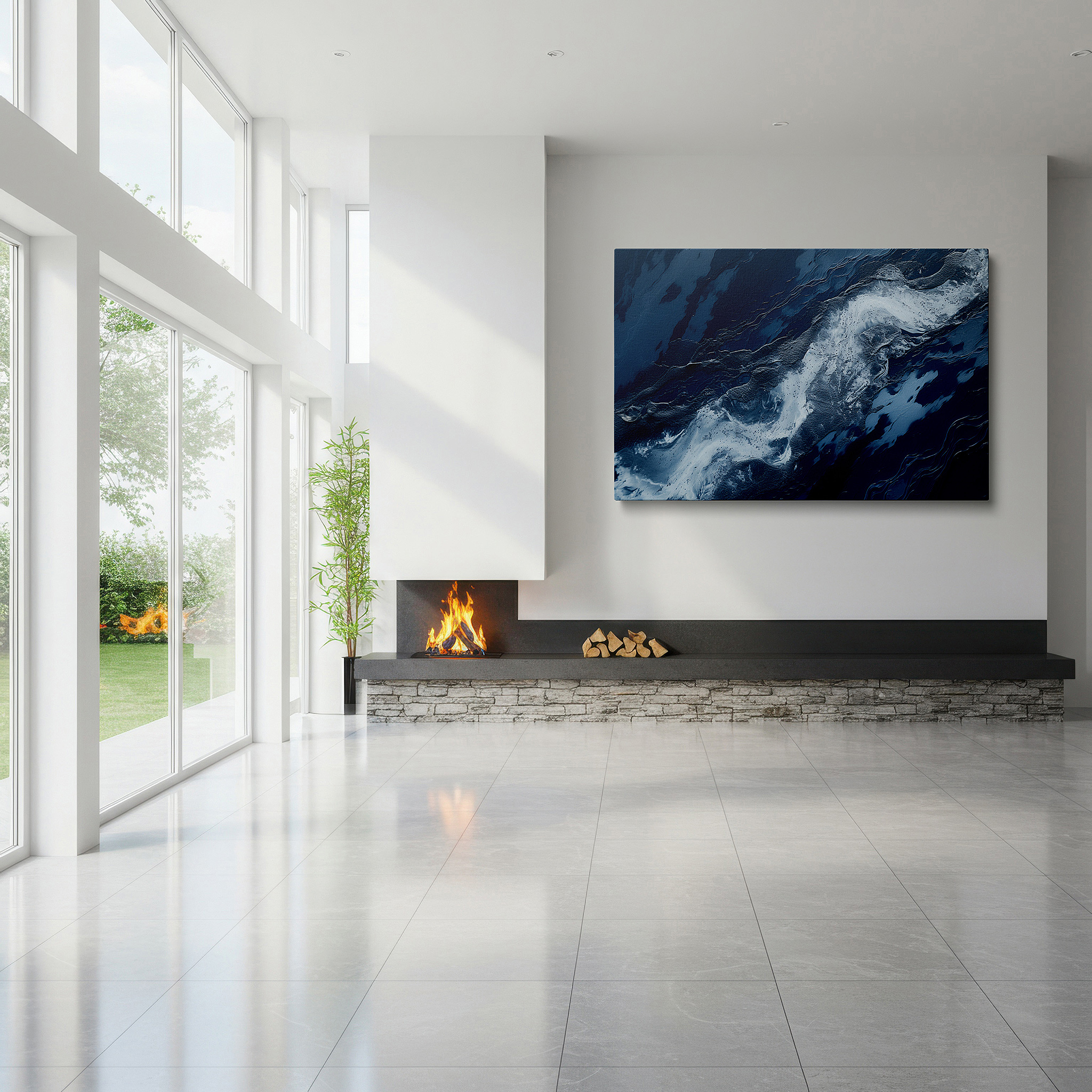 Set in a minimalist interior with textured walls and soft rugs — swirling ocean currents and serene blues aerial dance large wall art, canvas wall decor for office, bedroom, and living room
