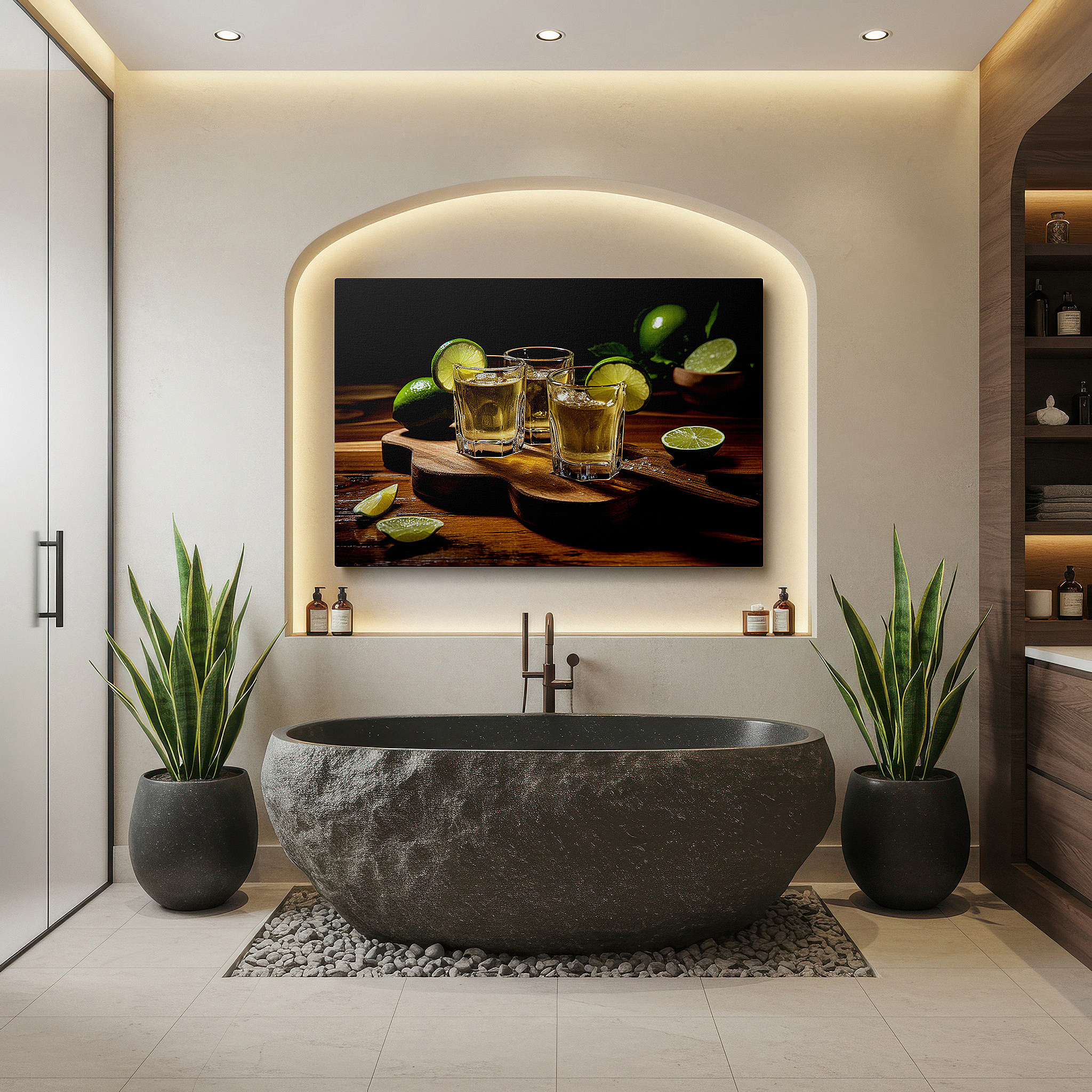 Set in a minimalist interior with textured walls and soft rugs — tequila shots with lime on rustic wood: celebrating warmth and conviviality - large wall art, canvas wall art, wall decor for office and bedroom