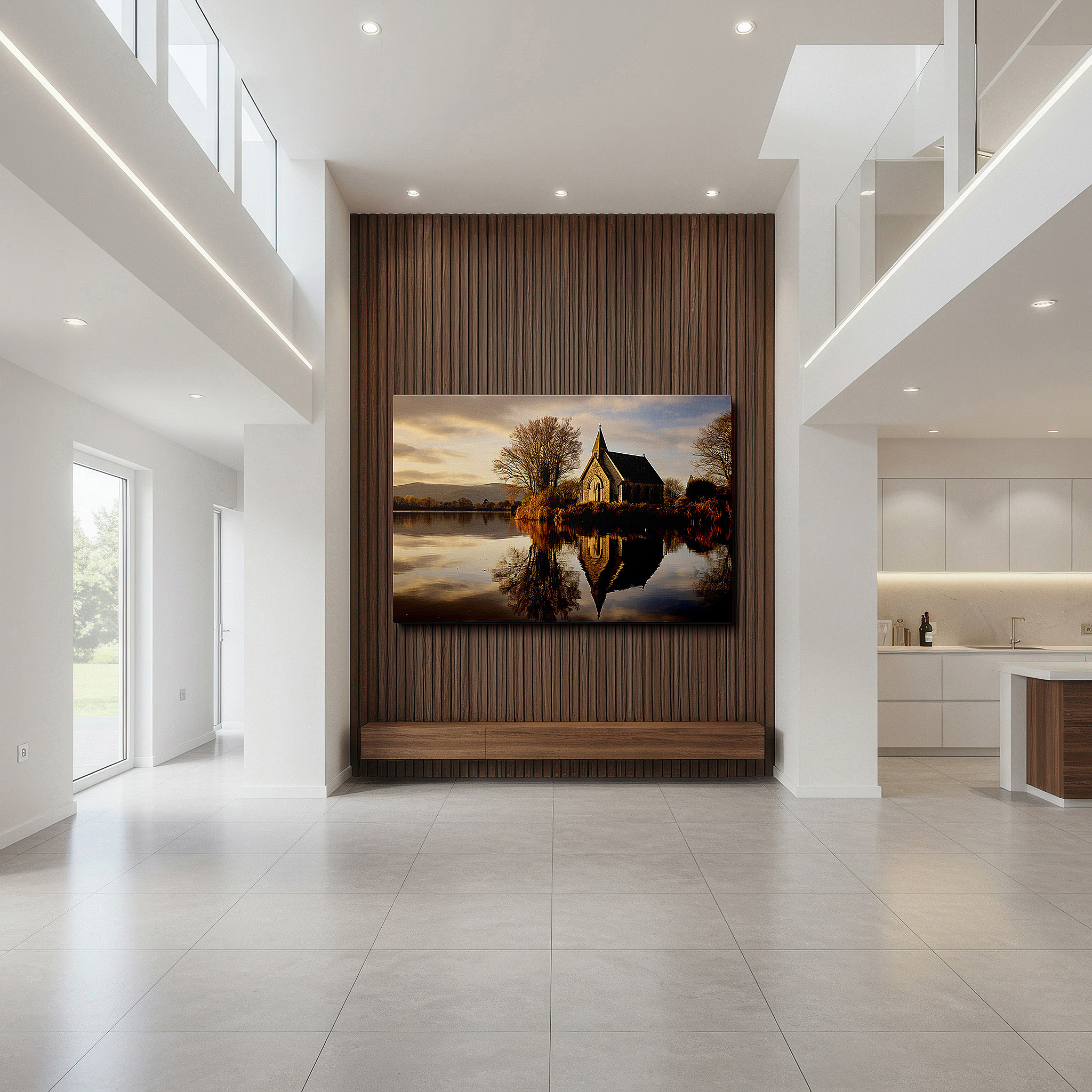 Set in a minimalist interior with textured walls and soft rugs — tranquil lake and serene church reflections evening hues large canvas wall art for office and bedroom decor