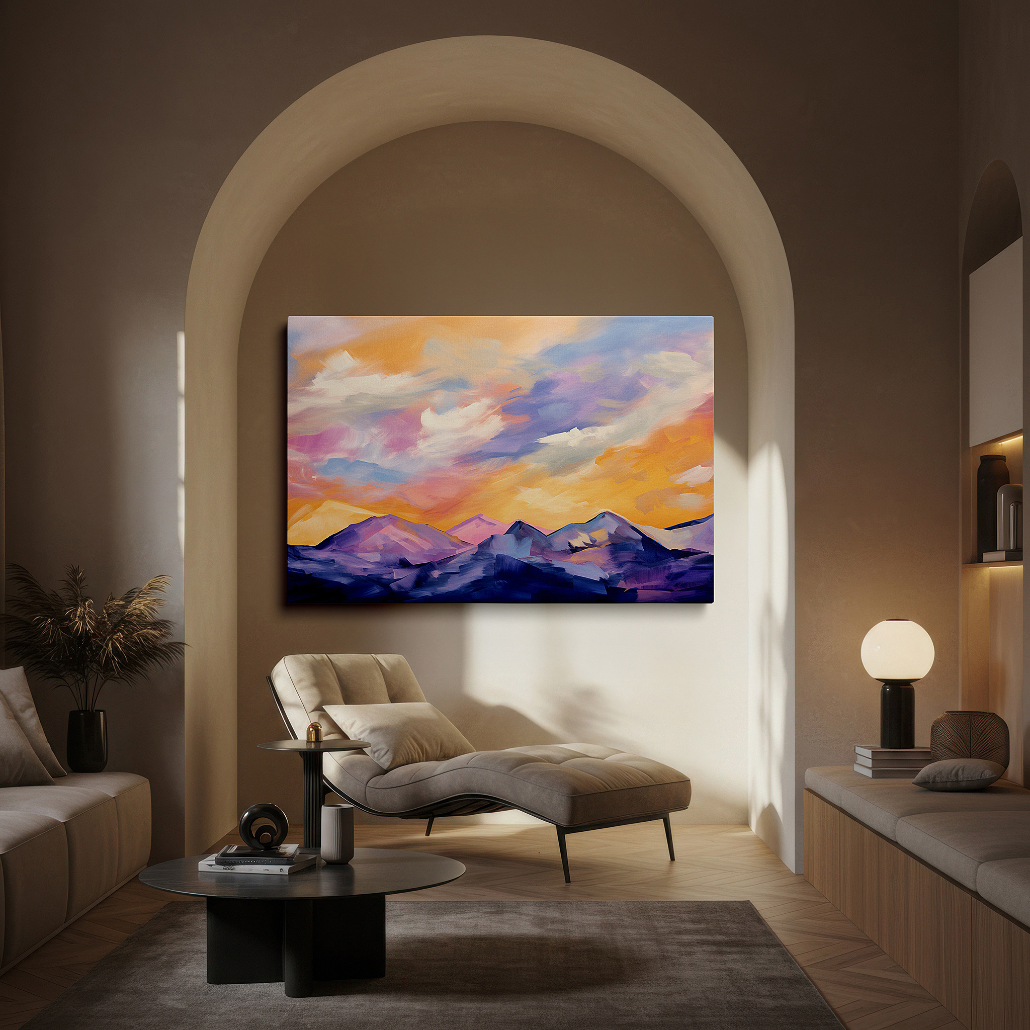 Set in a minimalist interior with textured walls and soft rugs — twilight's majestic shift - abstract mountain landscape in purple, pink, and orange hues, large canvas wall art for home and office decor