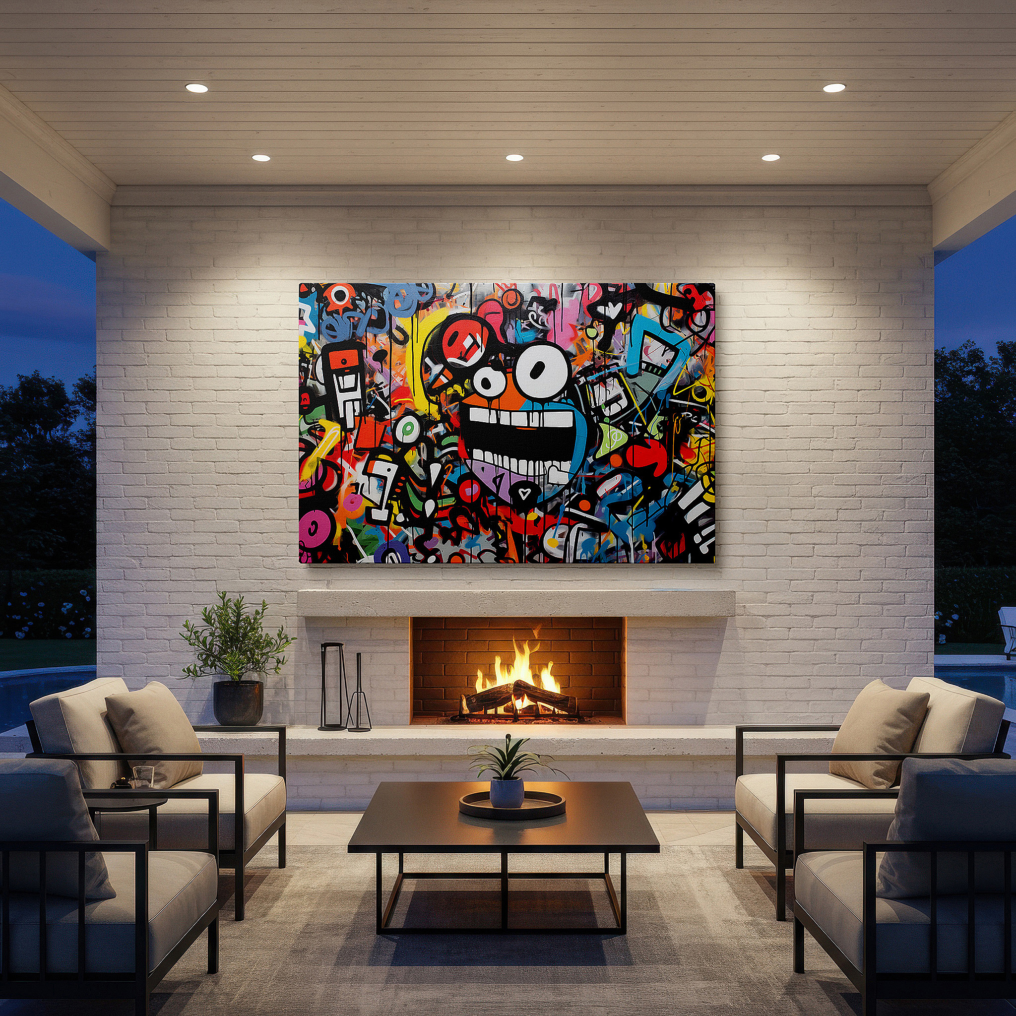 Set in a minimalist interior with textured walls and soft rugs — urban graffiti wall art: dynamic, vibrant, and abstract large canvas for home and office decor