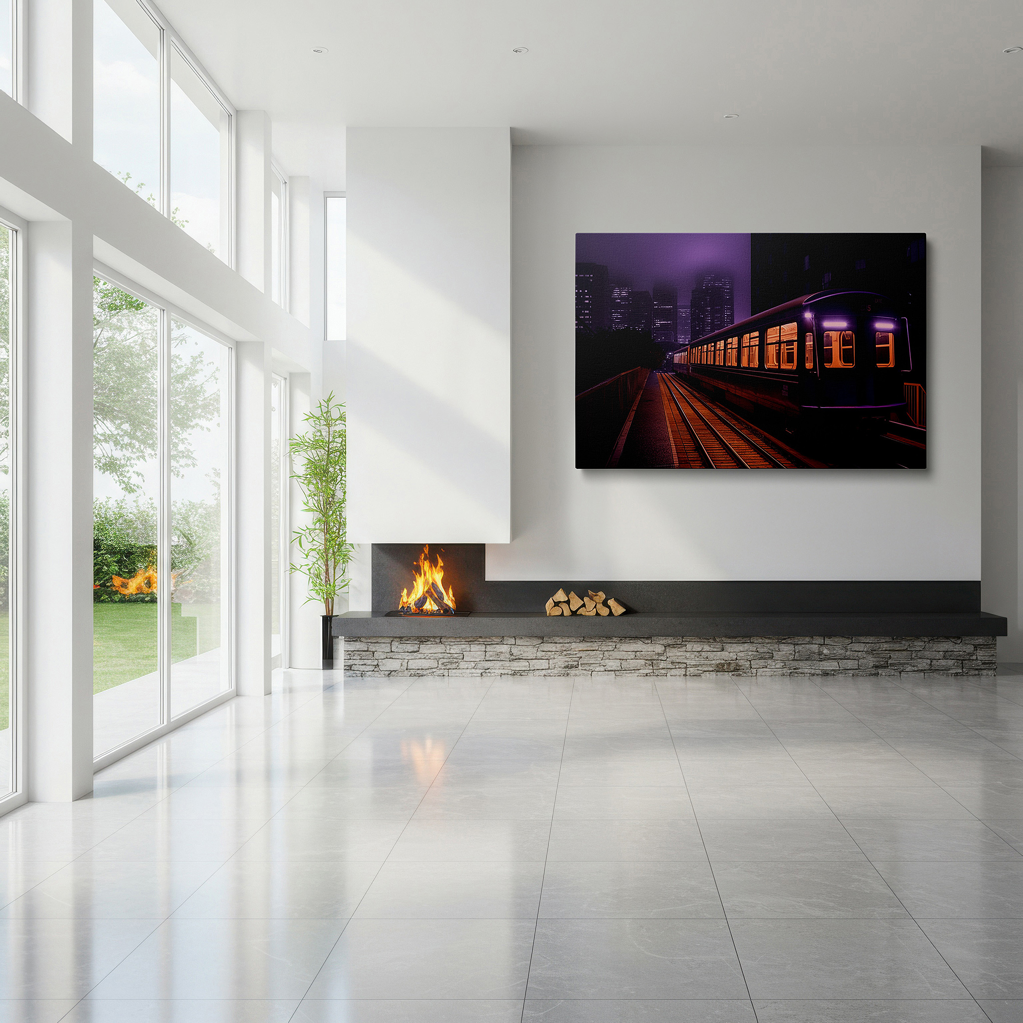 Set in a minimalist interior with textured walls and soft rugs — urban solitude and mystery: purple train under soft lighting - large canvas wall art for office and bedroom decor