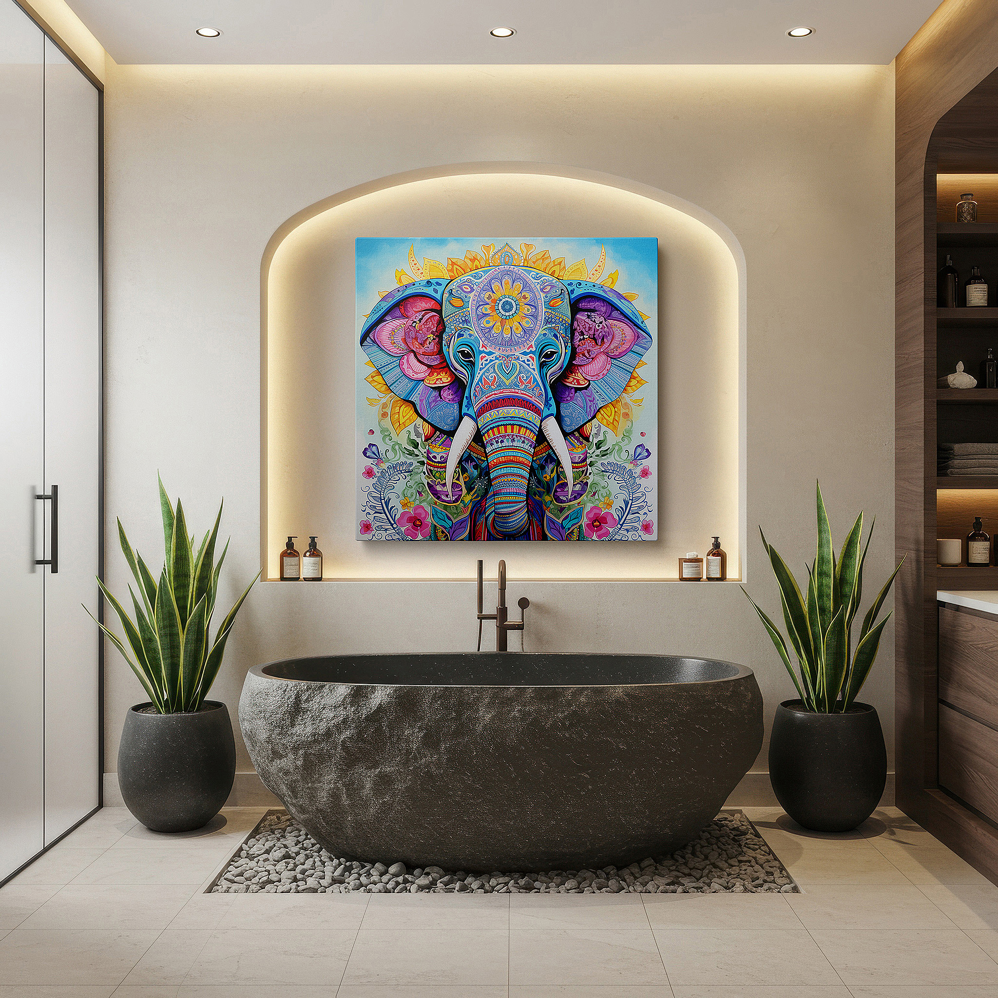 Set in a minimalist interior with textured walls and soft rugs — vibrant elephant canvas featuring floral joy and artistic celebration: large wall art for office and bedroom decor