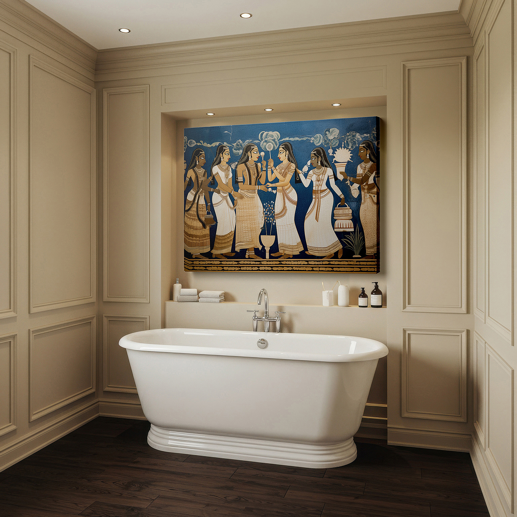 Set in a minimalist interior with textured walls and soft rugs — vibrant mural depicting an ancient cultural ritual with elegant attire and dynamic composition - large canvas wall art for office decor