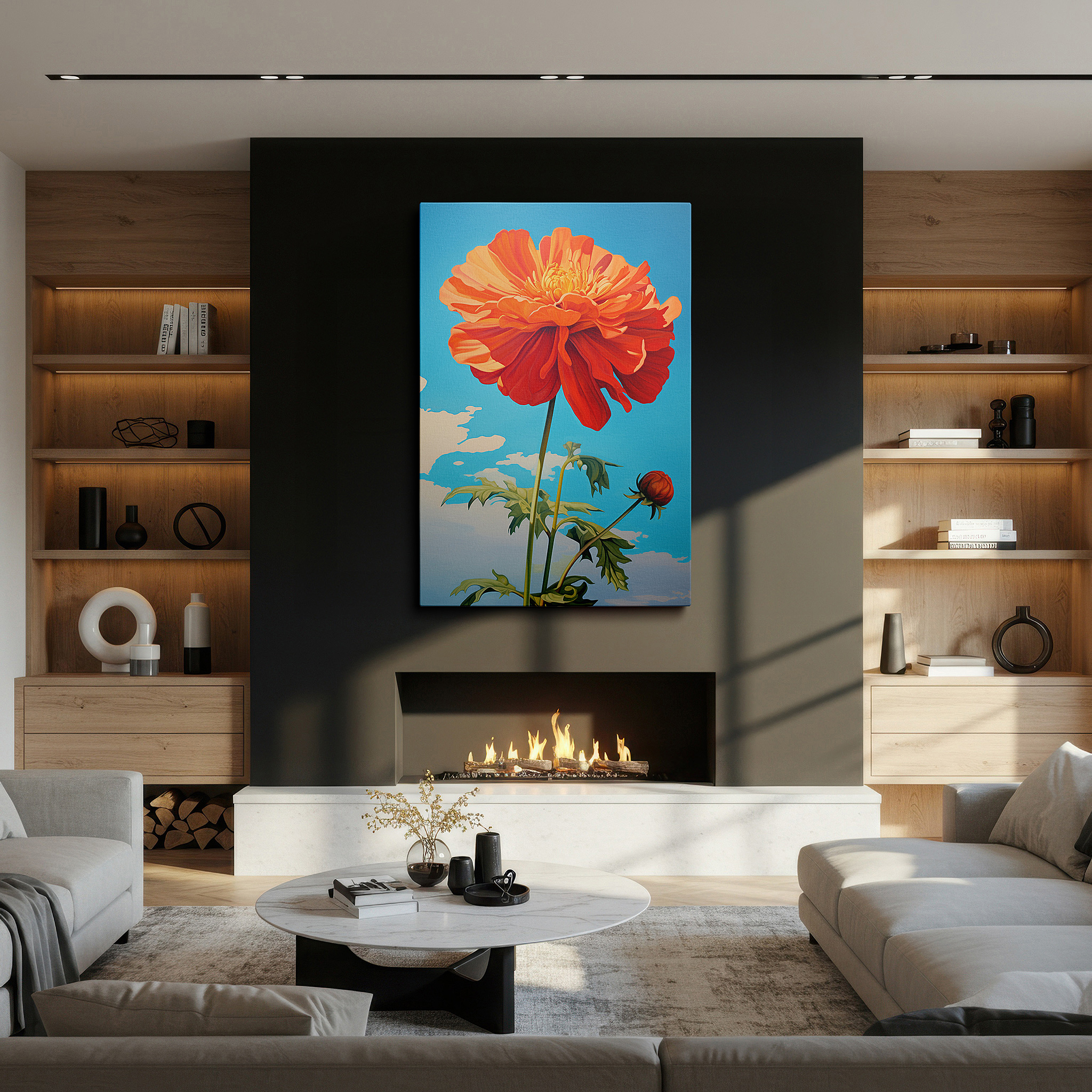 Set in a minimalist interior with textured walls and soft rugs — vibrant orange flower against serene blue sky - celebrating nature's dynamic beauty, large canvas wall art for home and office decor