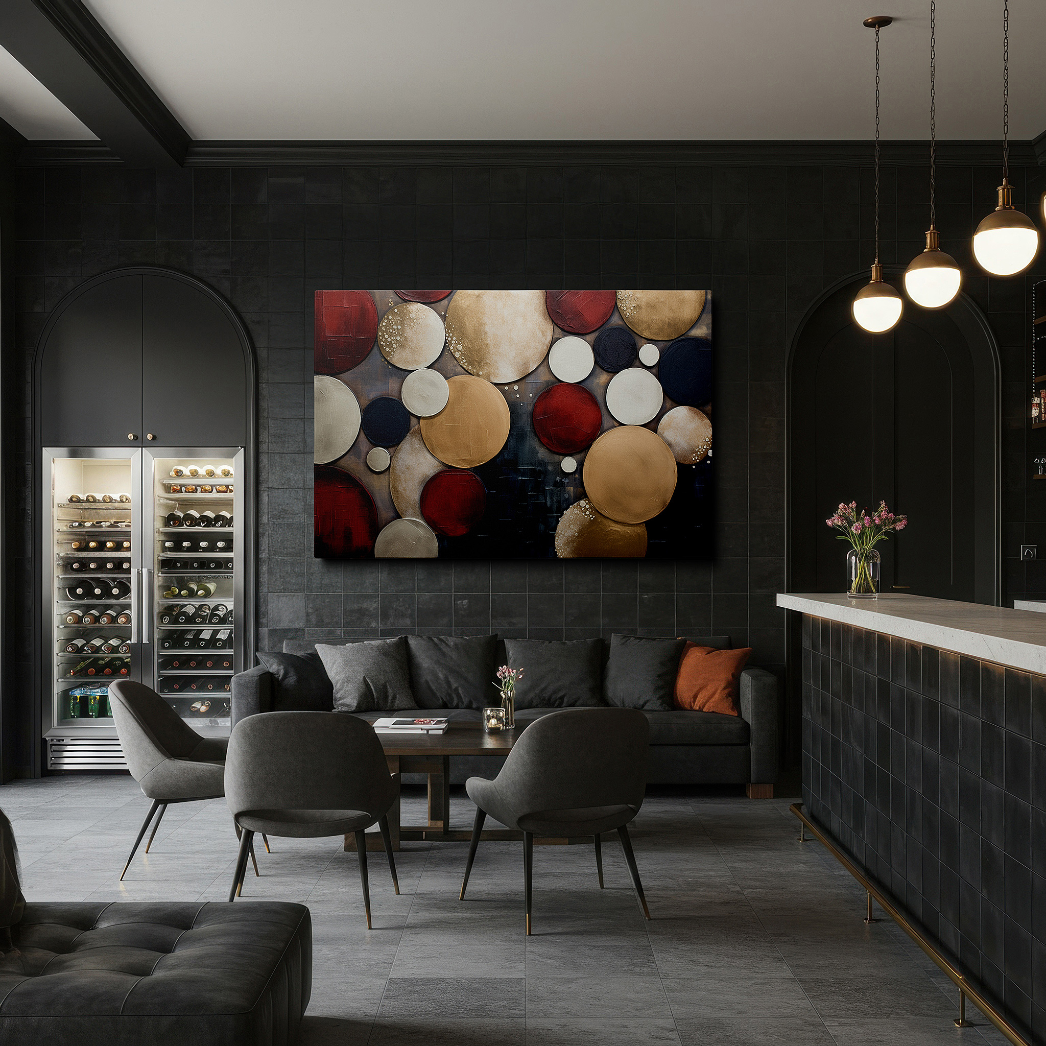 Set in a minimalist interior with textured walls and soft rugs — vibrant overlapping circles large wall art for modern spaces, canvas wall decor for office and bedroom