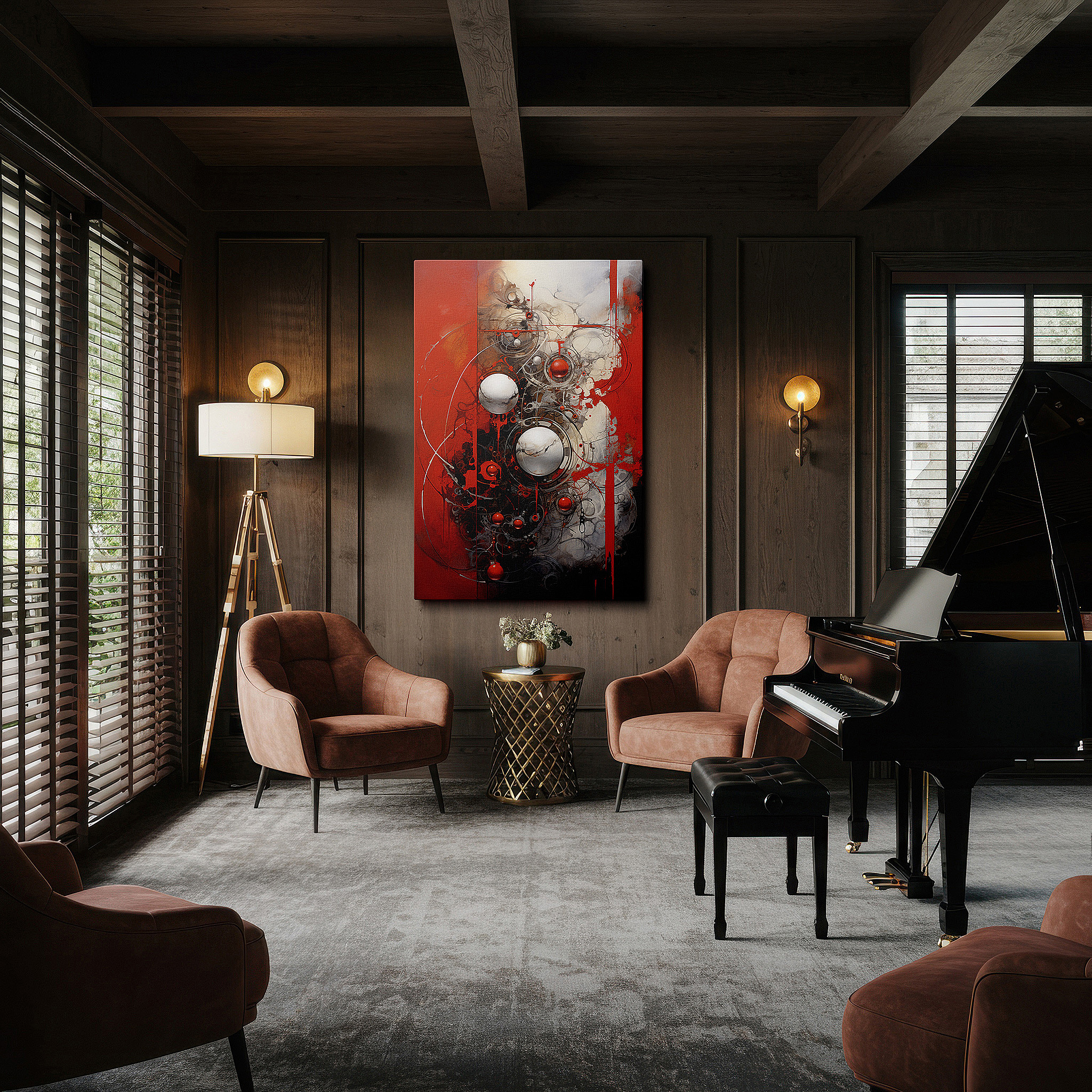 Set in a minimalist interior with textured walls and soft rugs — vibrant red and black interaction with metallic globes and geometric accuracy, large canvas wall art for office and bedroom decor
