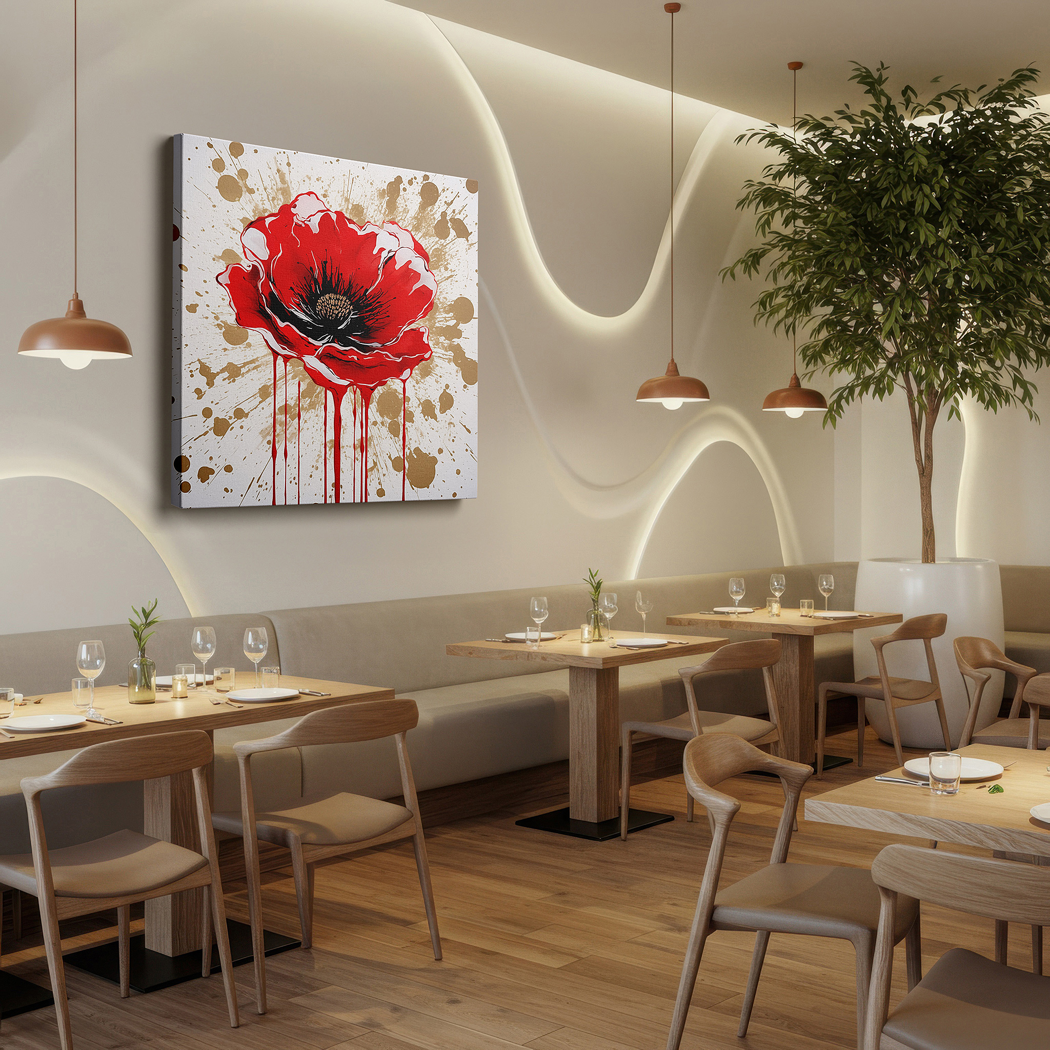 Set in a minimalist interior with textured walls and soft rugs — vibrant red poppy: celebrating nature's ephemeral beauty with vivid colors and dynamic brushstrokes - large canvas wall art decor