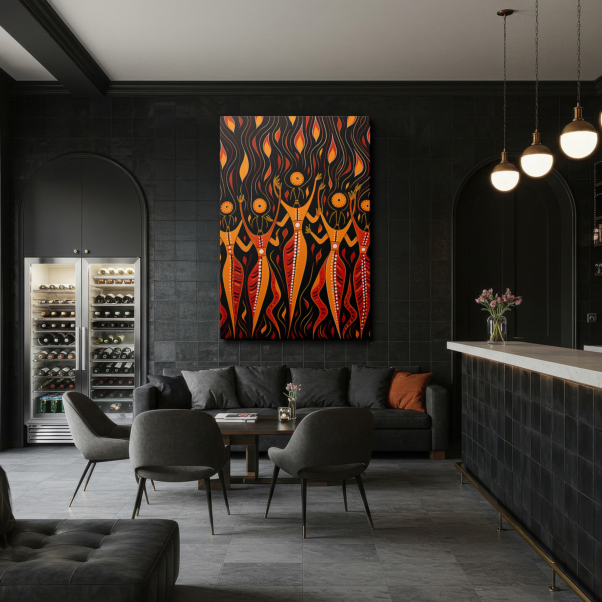 Set in a minimalist interior with textured walls and soft rugs — wall art: abstract dancers - ethereal dance of spirit and flame in fiery motion, large canvas wall art for office and bedroom decor