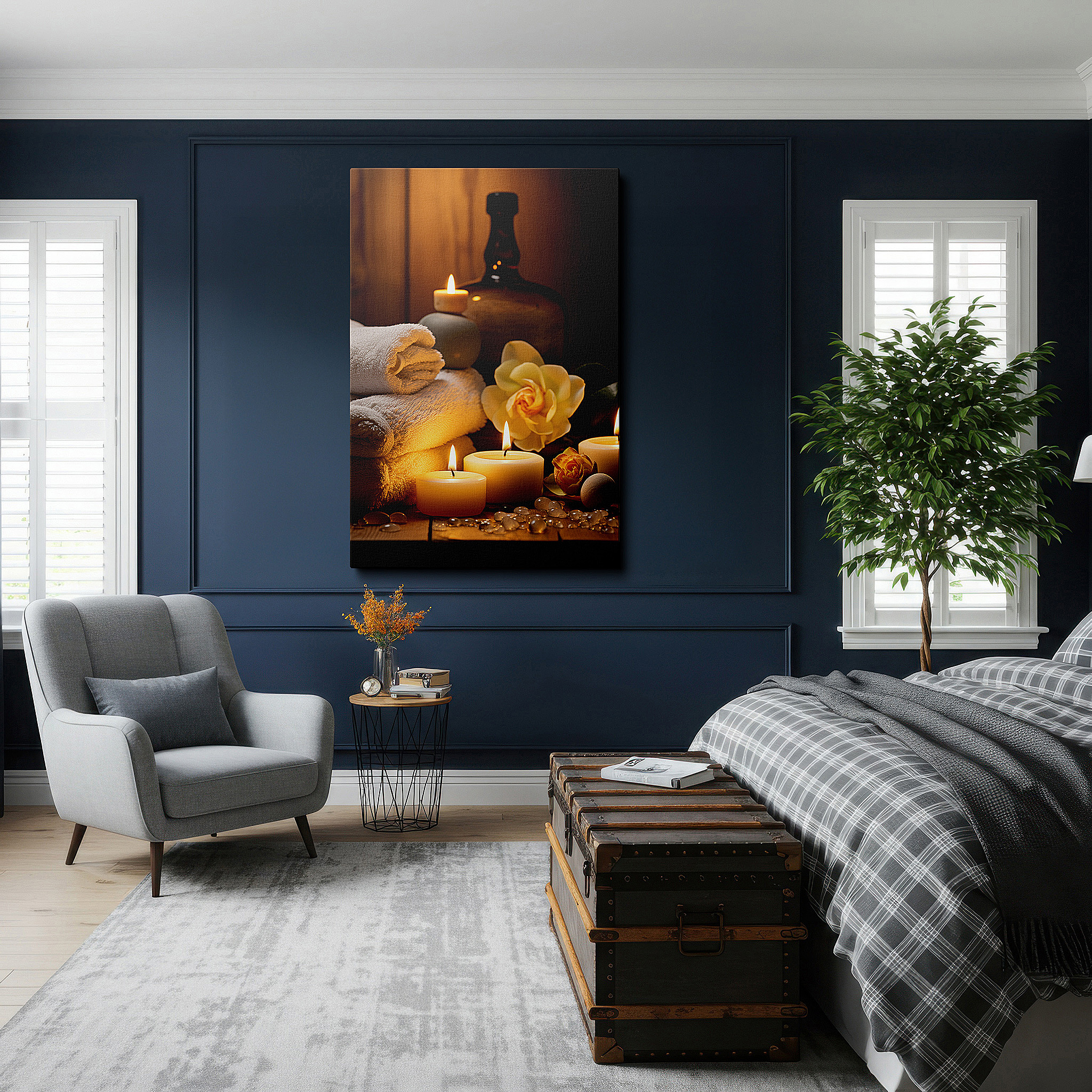 Set in a minimalist interior with textured walls and soft rugs — wall art: experience candlelit serenity with spa-inspired large canvas art for office, bedroom, and living room decor