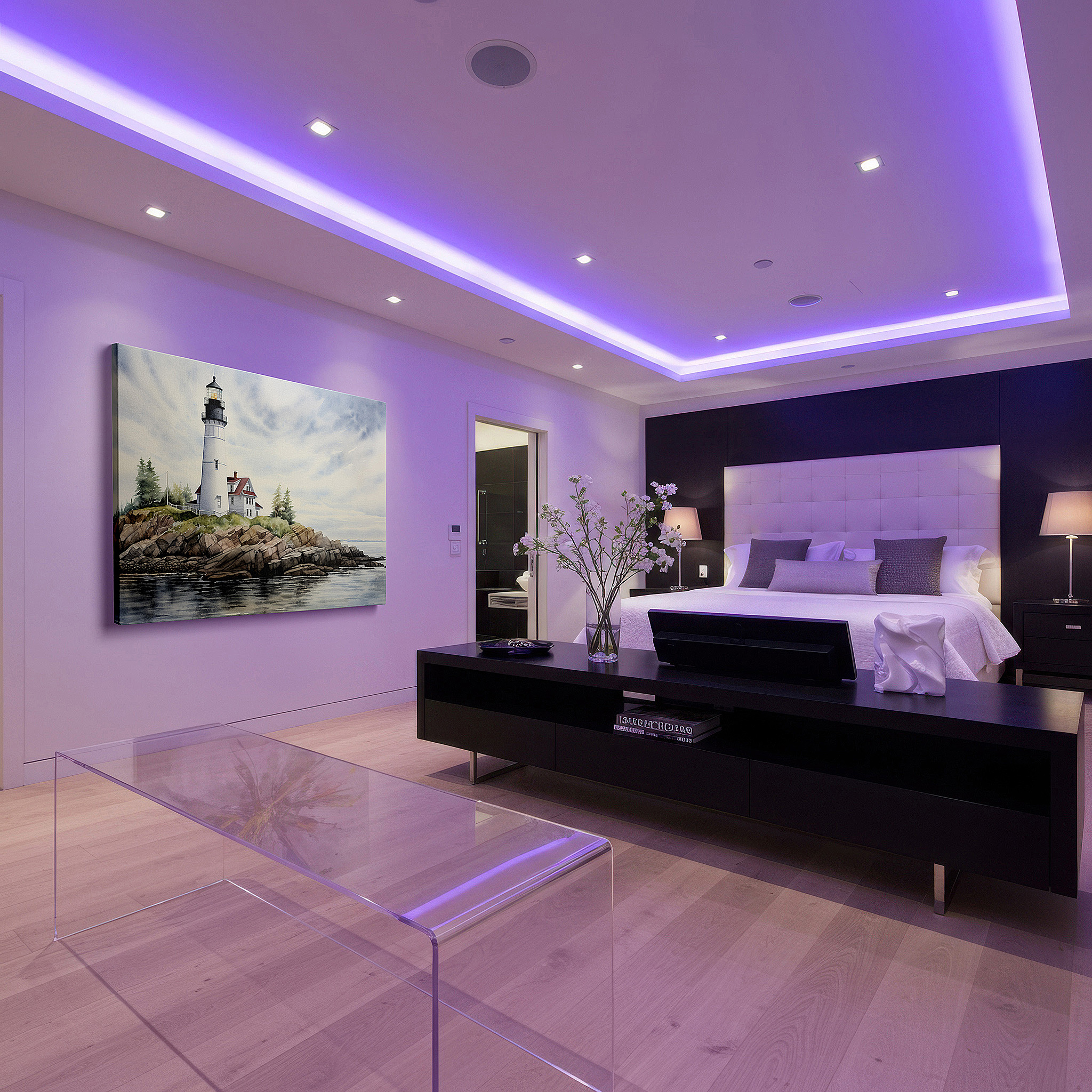 Set in a minimalist interior with textured walls and soft rugs — wall art: majestic lighthouse on a rugged coastline - a beacon of serenity and nature's beauty. large canvas wall art for home and office decor.