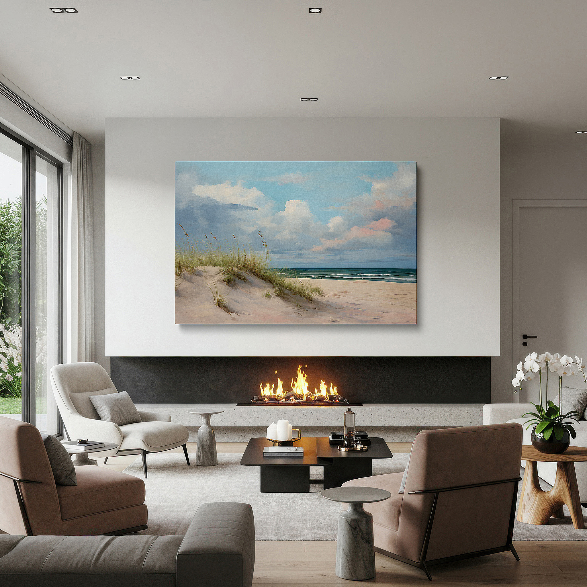 Set in a minimalist interior with textured walls and soft rugs — wall art: peaceful beach scene with gentle dunes and bright sky, serene coastal retreat large wall art, canvas wall art, wall decor for office and bedroom