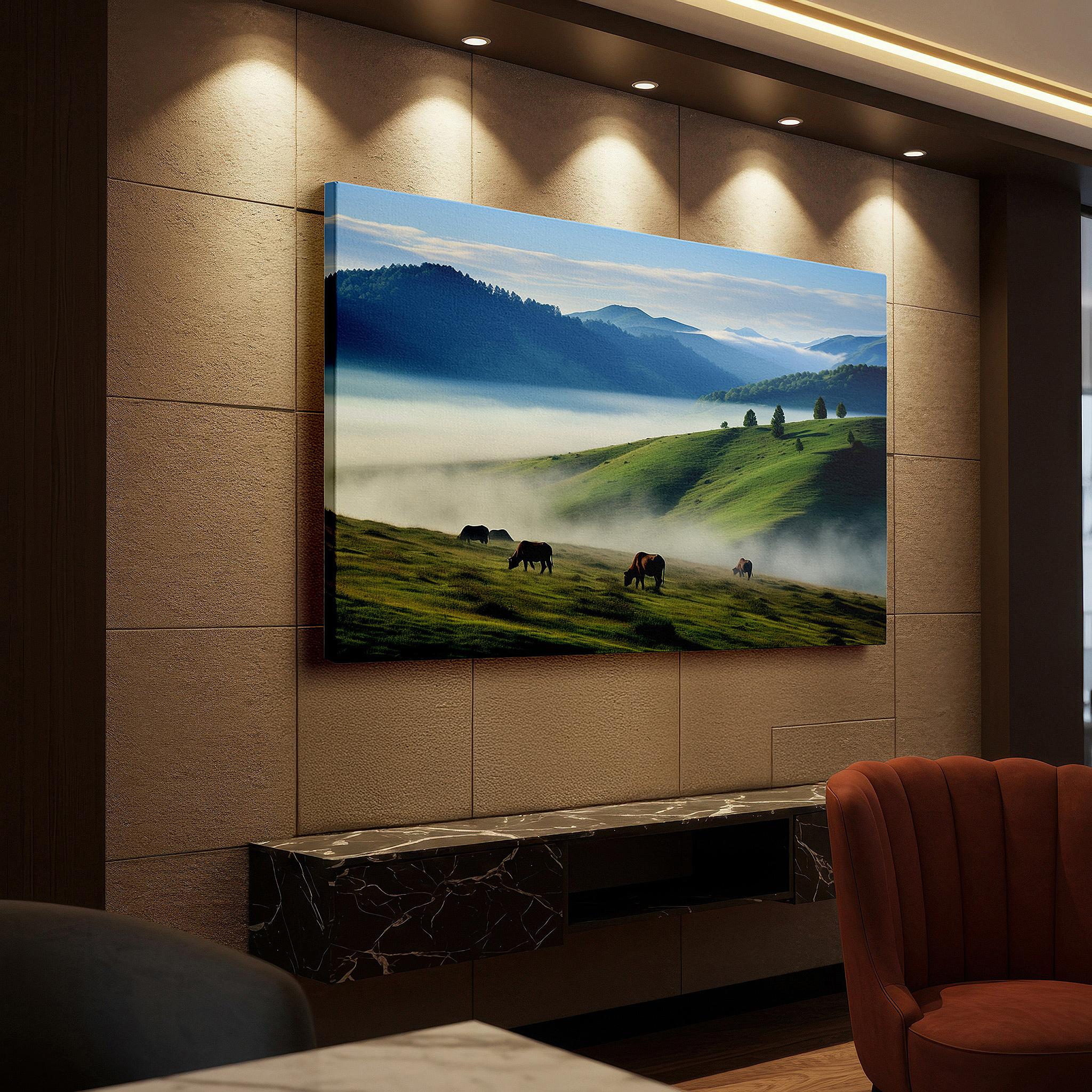 Set in a minimalist interior with textured walls and soft rugs — wall art: serene horses grazing in a lush field with majestic mountains, large canvas wall art for office decor