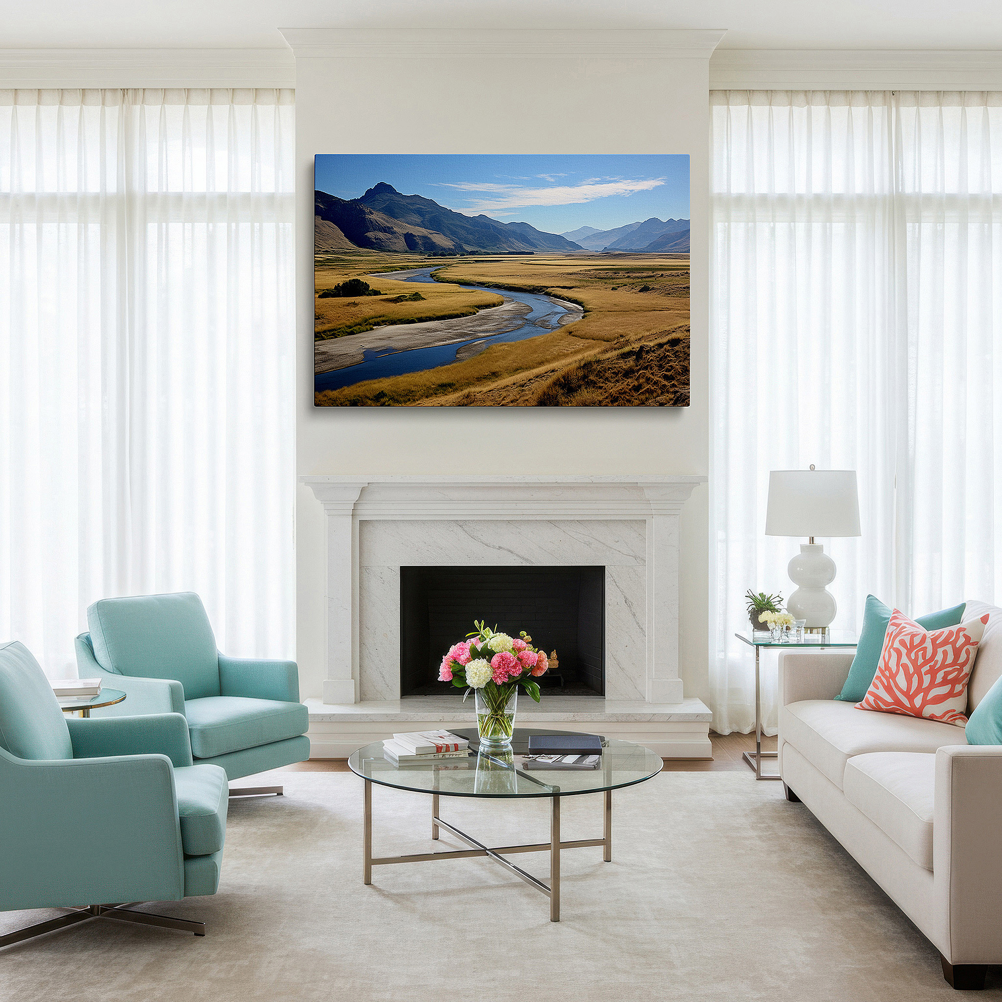 Set in a minimalist interior with textured walls and soft rugs — wall art: serene landscapes of verdant fields and grand mountains beneath a glowing sky - large canvas wall art for home and office decor, perfect for living room and bedroom