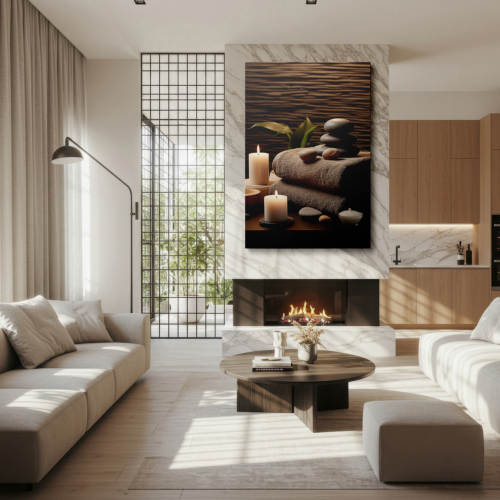 Set in a minimalist interior with textured walls and soft rugs — wall art: serene spa oasis featuring soft towels, smooth stones, and gentle candlelight for relaxation - large canvas wall art for home and office decor