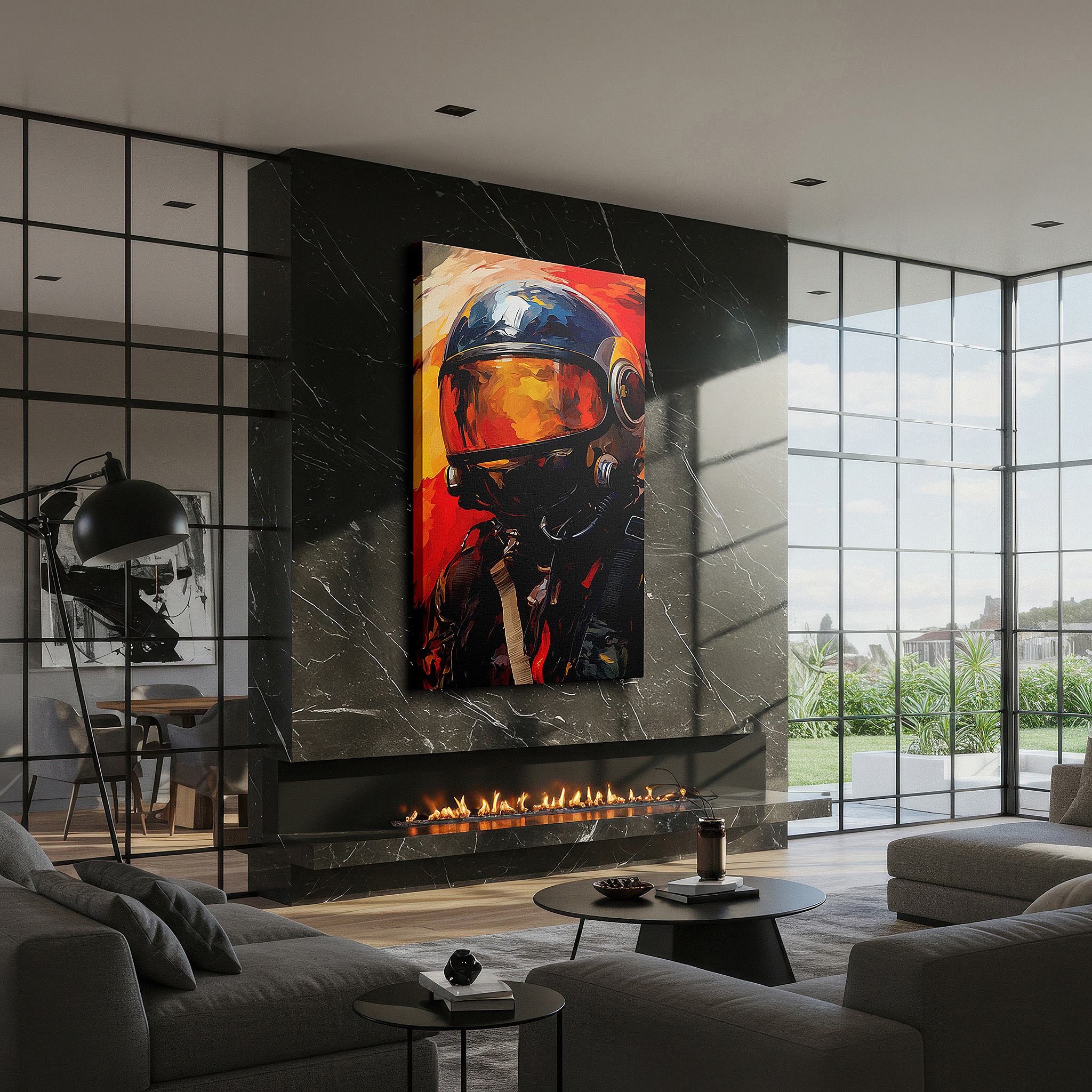 Set in a minimalist interior with textured walls and soft rugs — wall decor: advanced aviation and exploration, pilot with modern helmet against a fiery sky, large canvas wall art for office decor
