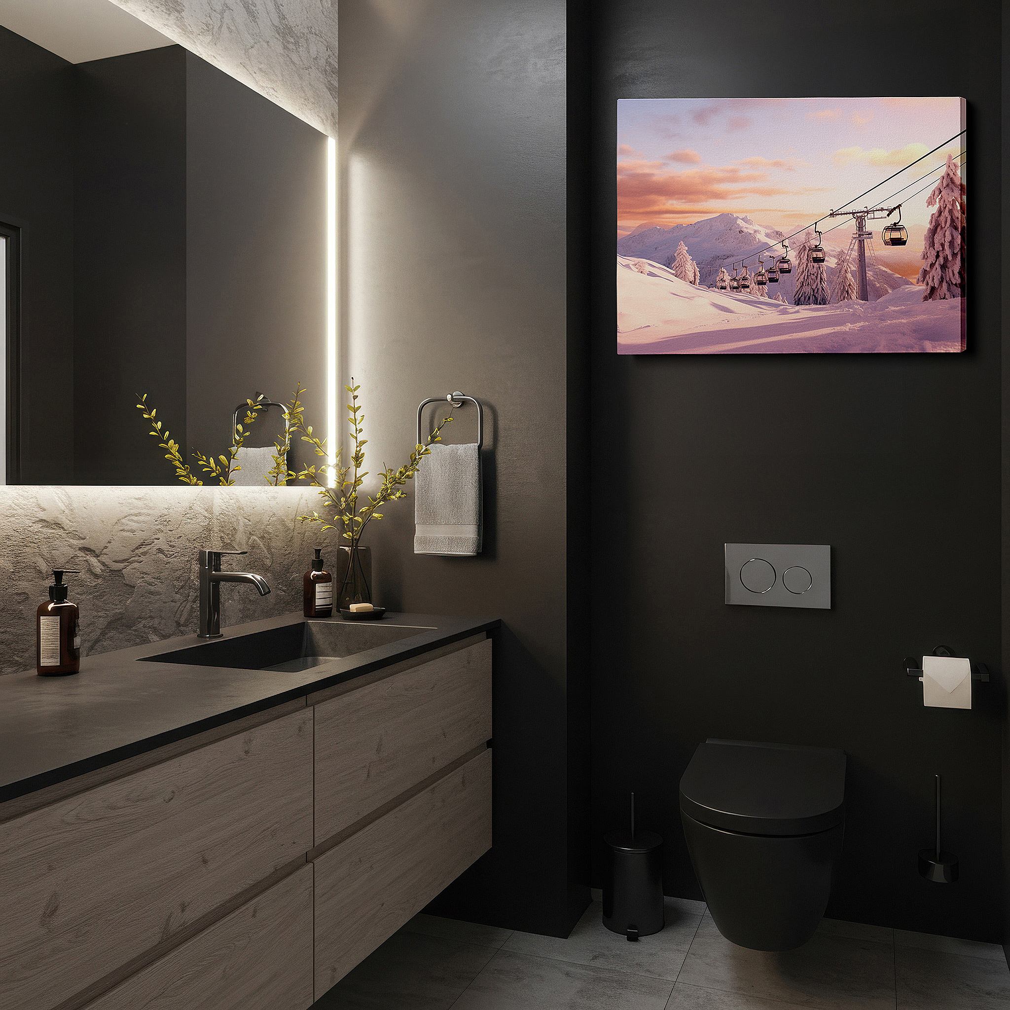 Set in a minimalist interior with textured walls and soft rugs — wall decor: serene ski resort at sunset, gondolas above snowy peaks - large canvas art for office and bedroom