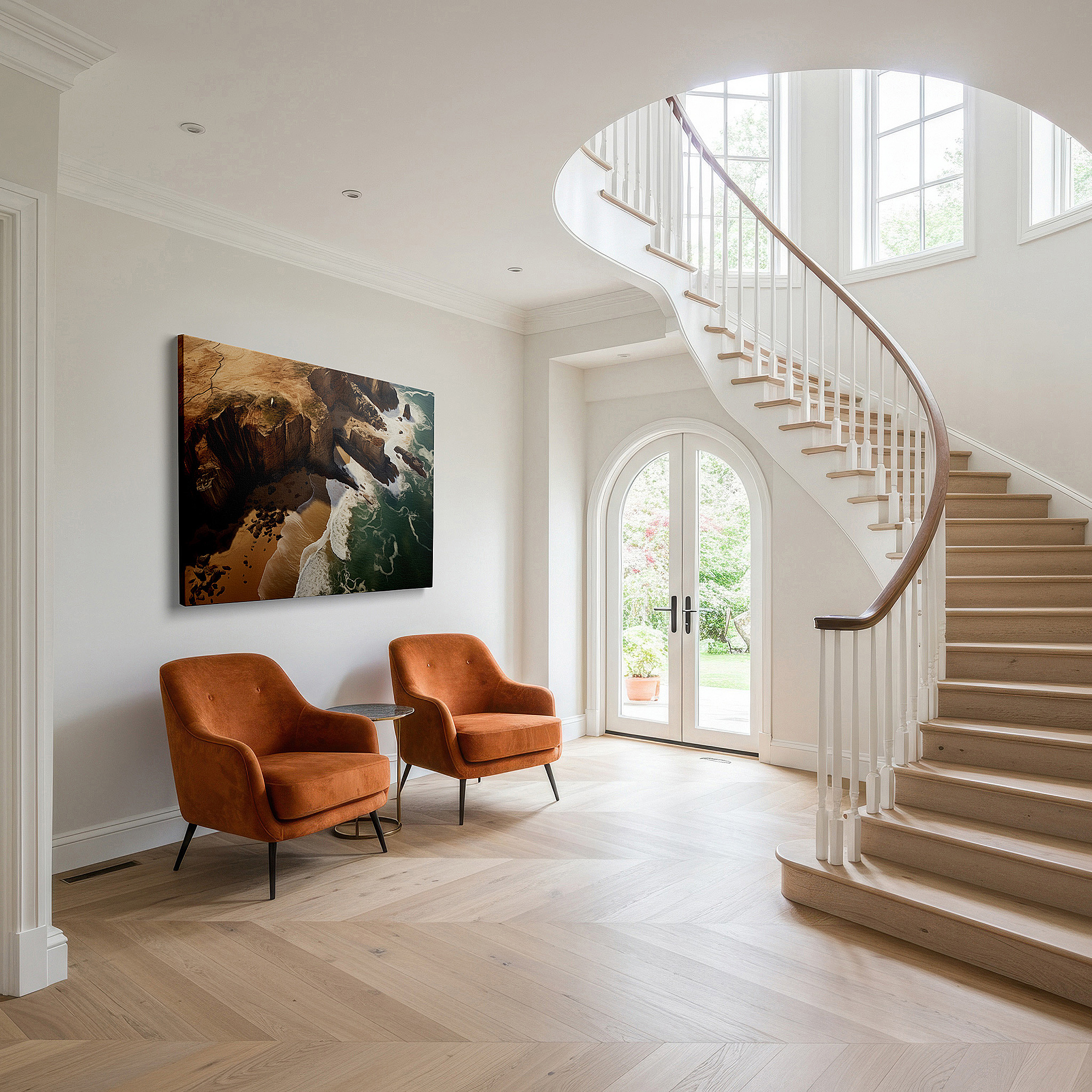 Set in a minimalist interior with textured walls and soft rugs — wall decor: stunning intersection of rugged cliffs and serene shores - experience nature's majestic contrasts with large canvas art for home and office