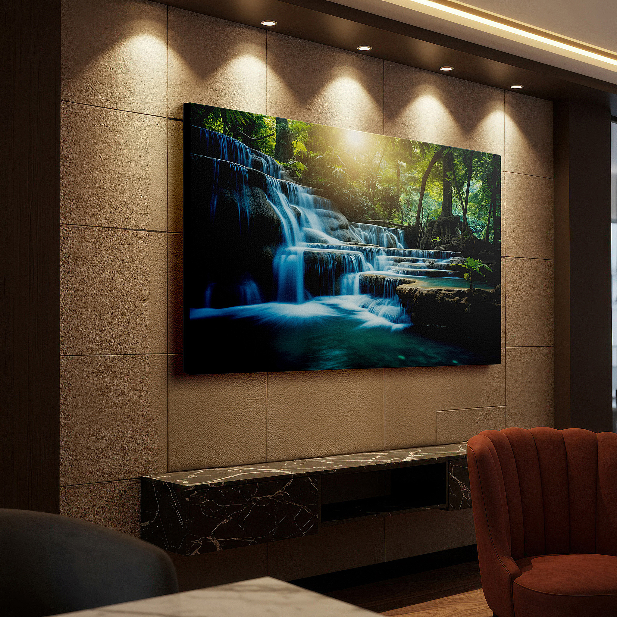 Set in a minimalist interior with textured walls and soft rugs — waterfall and jungle scene large wall art, tranquil sanctuary canvas decor for any room, office, or bedroom