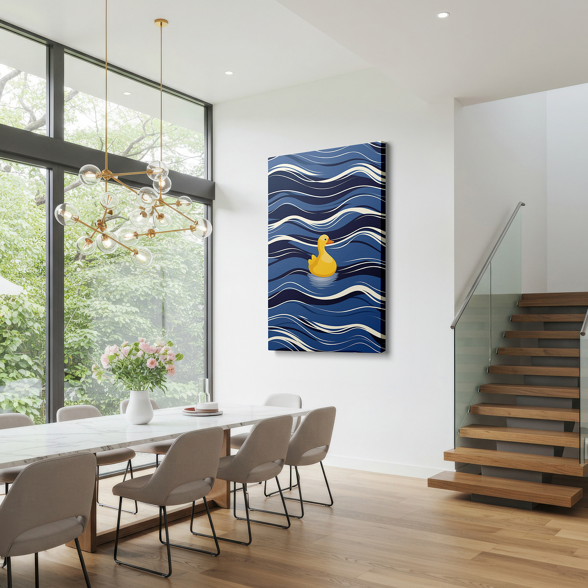 Set in a minimalist interior with textured walls and soft rugs — yellow duck serenely floating on artistic blue waves, symbolizing joy and tranquility, large canvas wall art for office decor