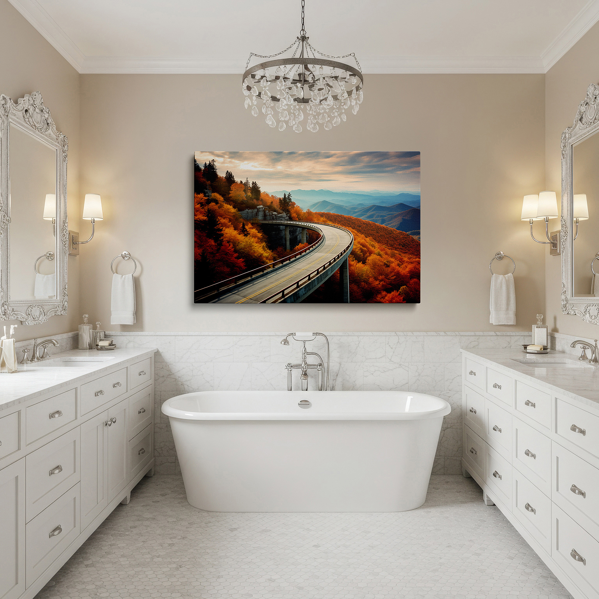 Side profile highlights a tightly wrapped canvas over a 3 cm deep stretcher — autumn majesty journey - winding road with fiery foliage and steep mountains large wall art, canvas wall art, wall decor for office