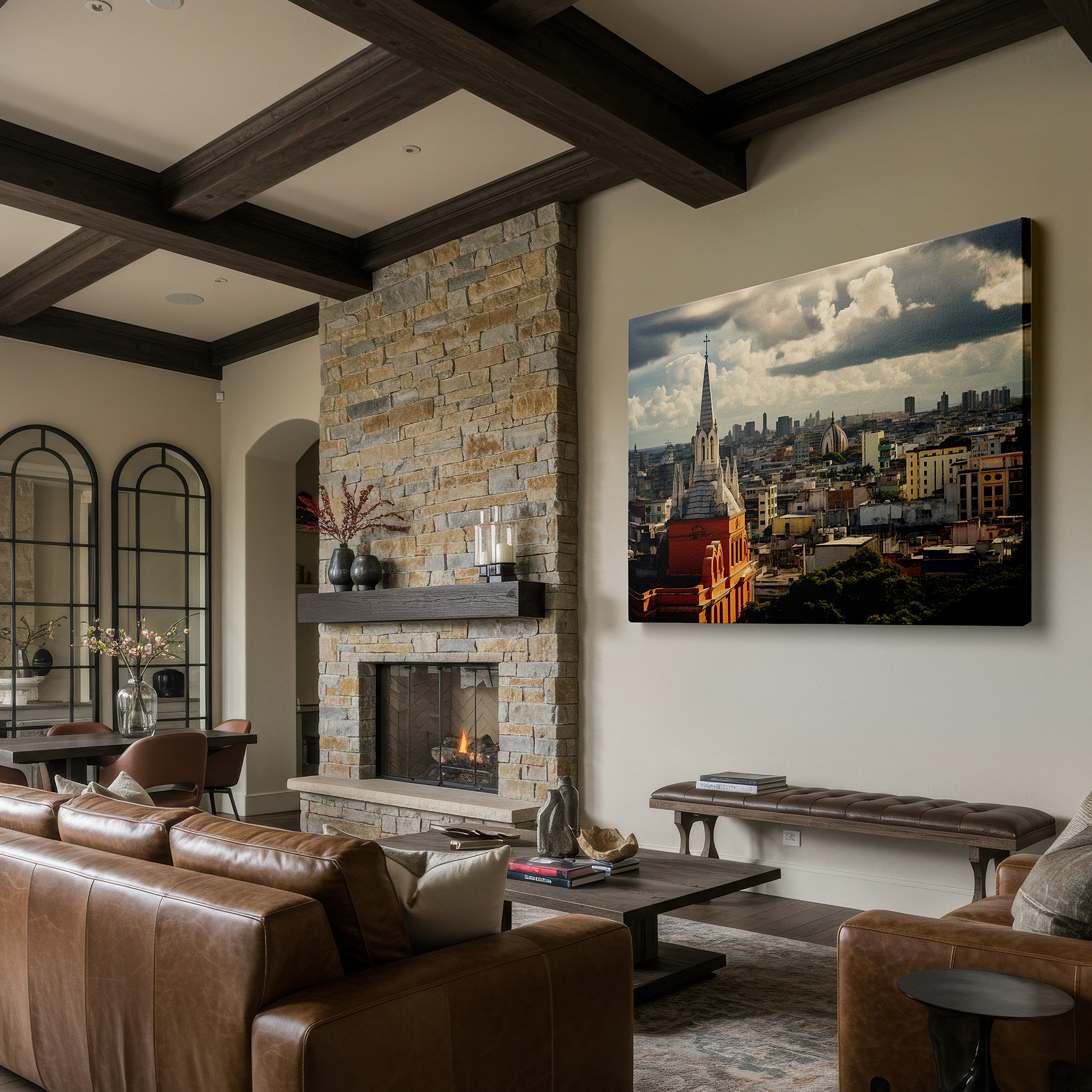 Side profile highlights a tightly wrapped canvas over a 3 cm deep stretcher — cityscape fusion: historical architecture and dynamic skies - large canvas wall art for office, bedroom, and living room decor