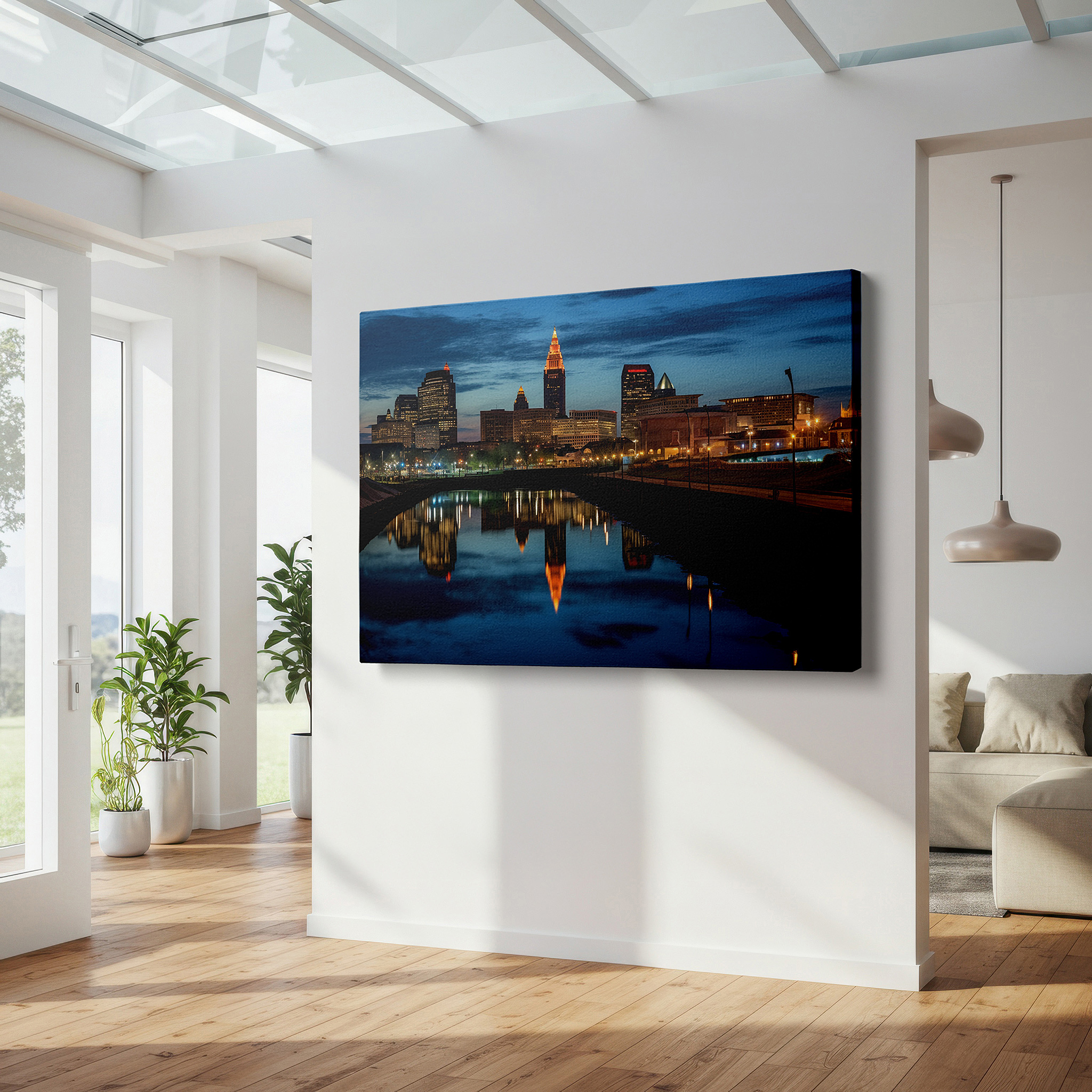 Side profile highlights a tightly wrapped canvas over a 3 cm deep stretcher — cleveland skyline at twilight: large wall art featuring city lights and tranquil waters - canvas wall art for office and home decor