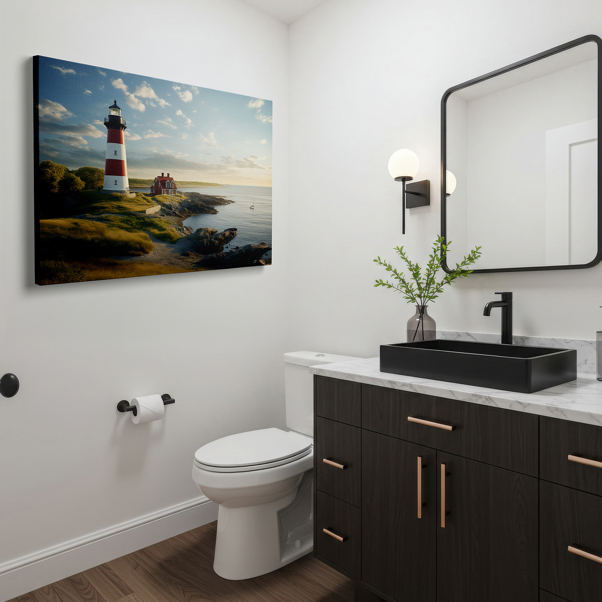 Side profile highlights a tightly wrapped canvas over a 3 cm deep stretcher — coastal calm and lighthouse direction - a perfect mix of nature and architecture: large wall art, canvas wall art, wall decor, office wall art