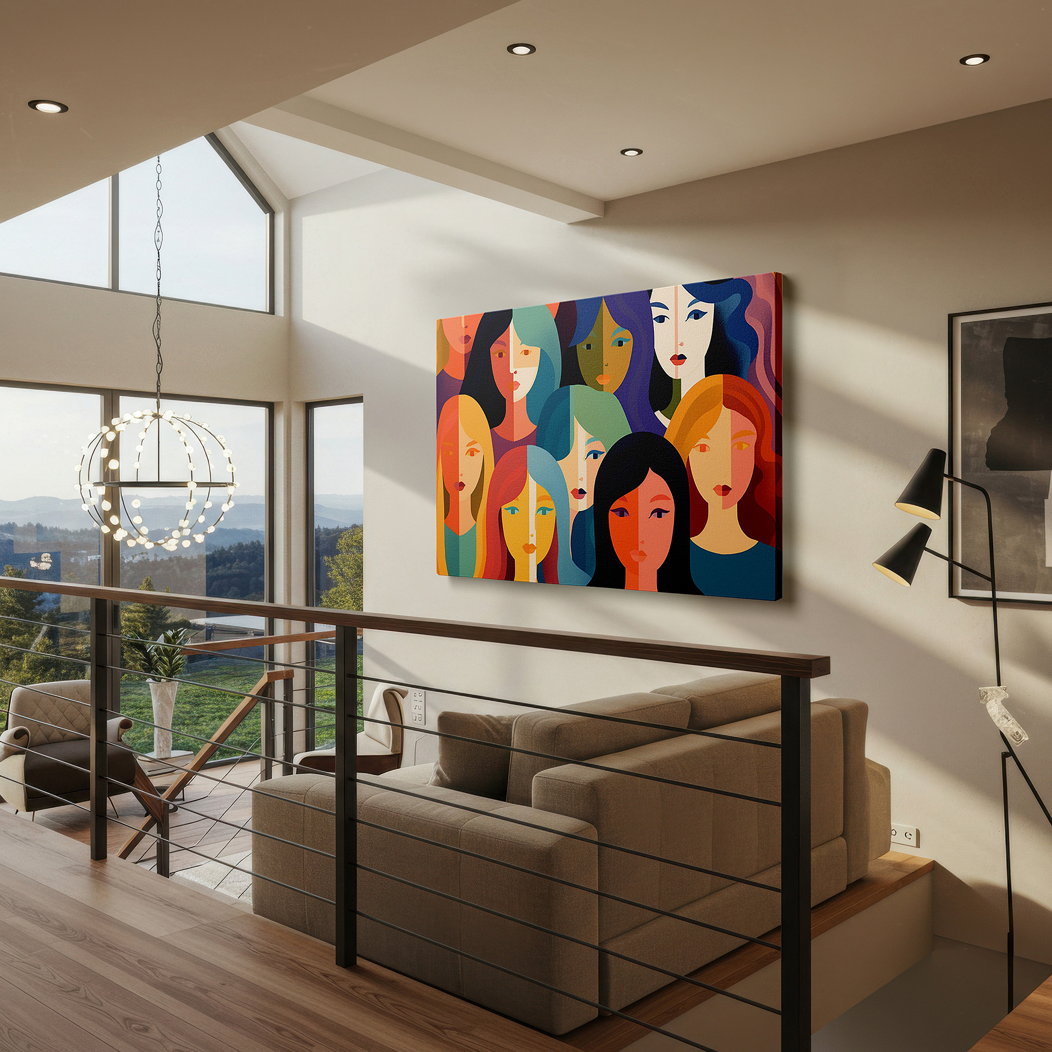 Side profile highlights a tightly wrapped canvas over a 3 cm deep stretcher — a colorful celebration of femininity, diversity, and empowerment featuring dynamic faces and hues in large wall art, canvas wall art, and wall decor.