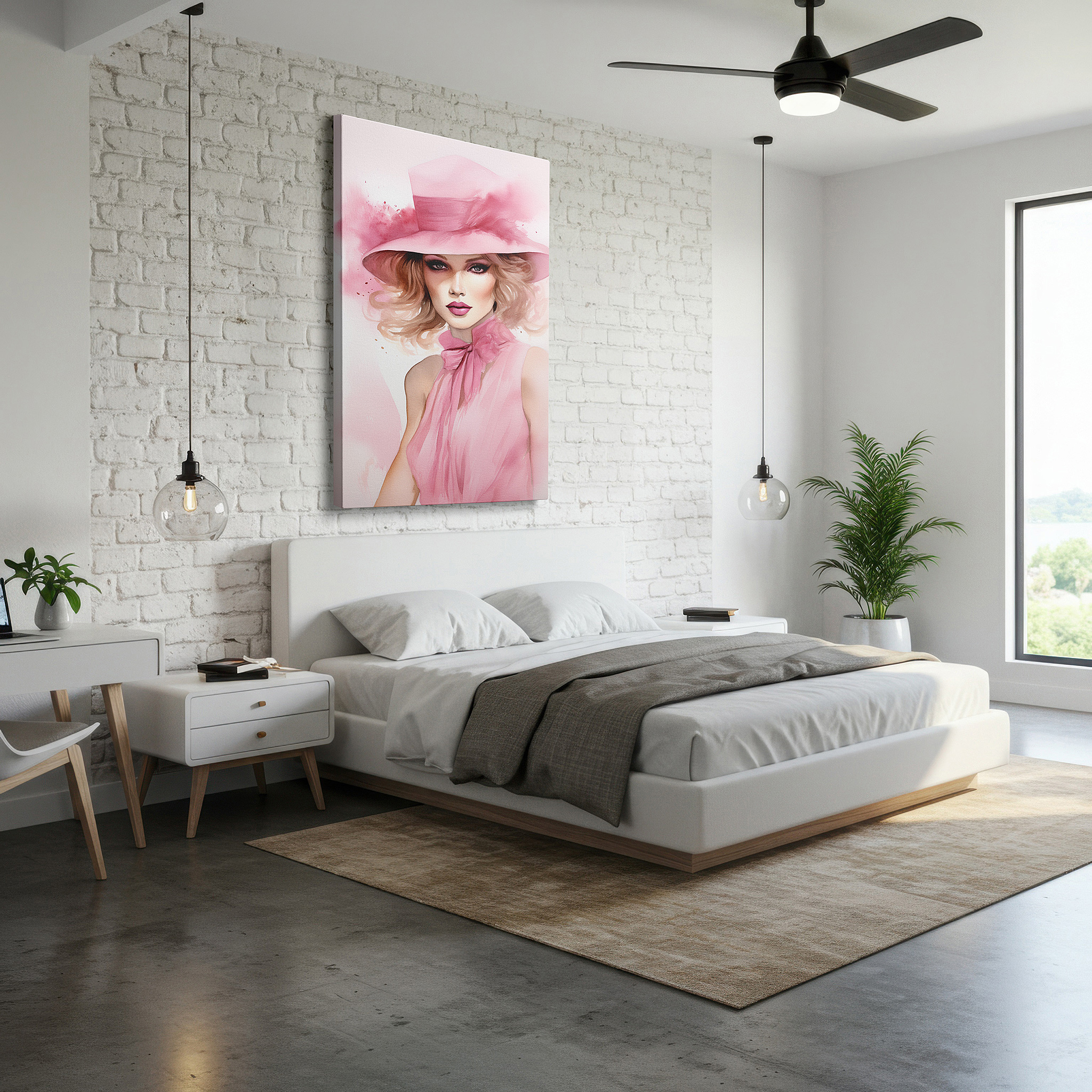 Side profile highlights a tightly wrapped canvas over a 3 cm deep stretcher — contemporary feminine elegance in pink: a portrait of confidence and style - large canvas wall art for office and bedroom decor