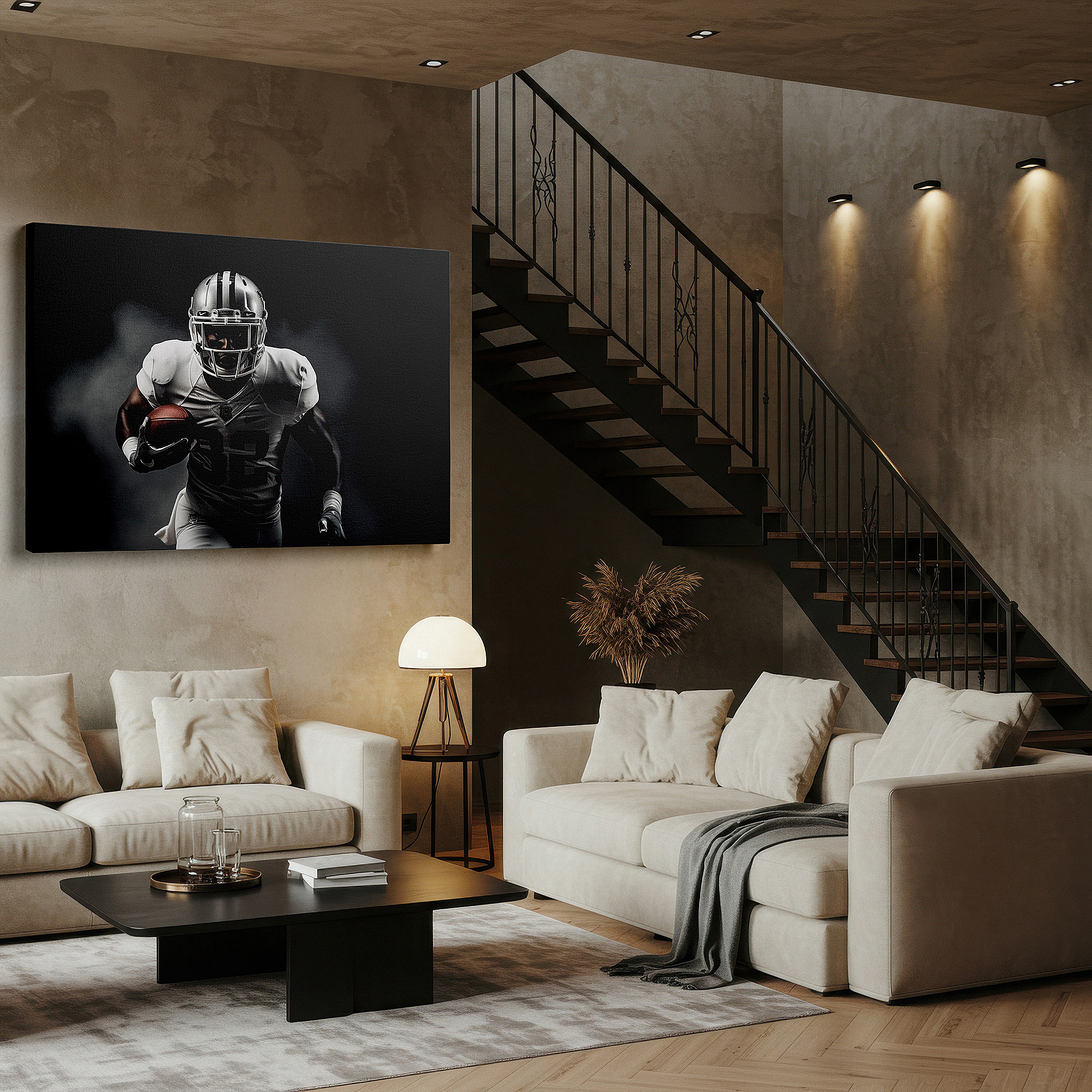 Side profile highlights a tightly wrapped canvas over a 3 cm deep stretcher — dynamic football player action scene, showcasing power and concentration - large canvas wall art for office decor