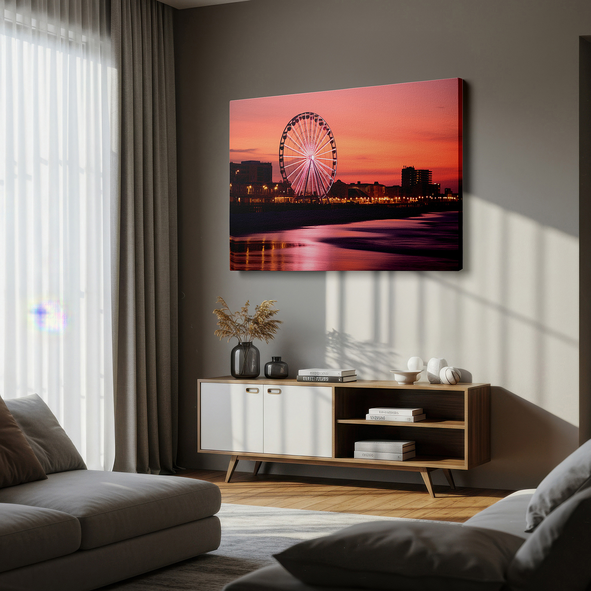 Side profile highlights a tightly wrapped canvas over a 3 cm deep stretcher — enchanted evening at the beachside amusement park featuring an illuminated ferris wheel and sunset reflections, large canvas wall art decor