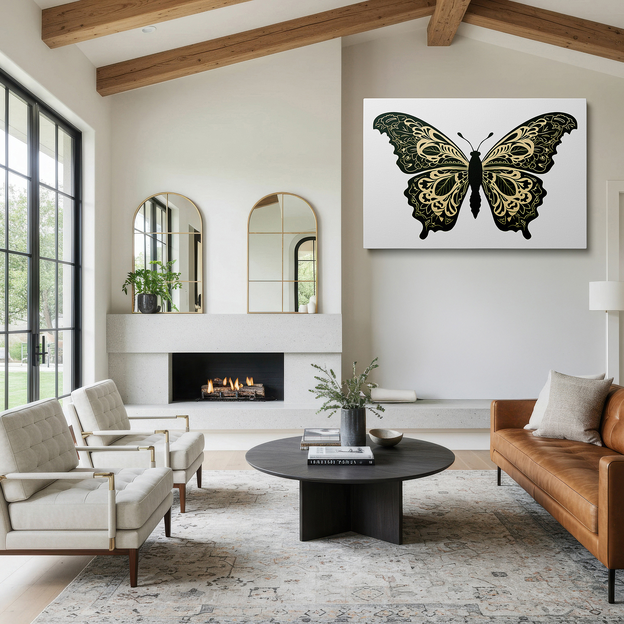 Side profile highlights a tightly wrapped canvas over a 3 cm deep stretcher — enchanting butterfly graphic representing change and liberation in nature, large canvas wall art for home and office decor