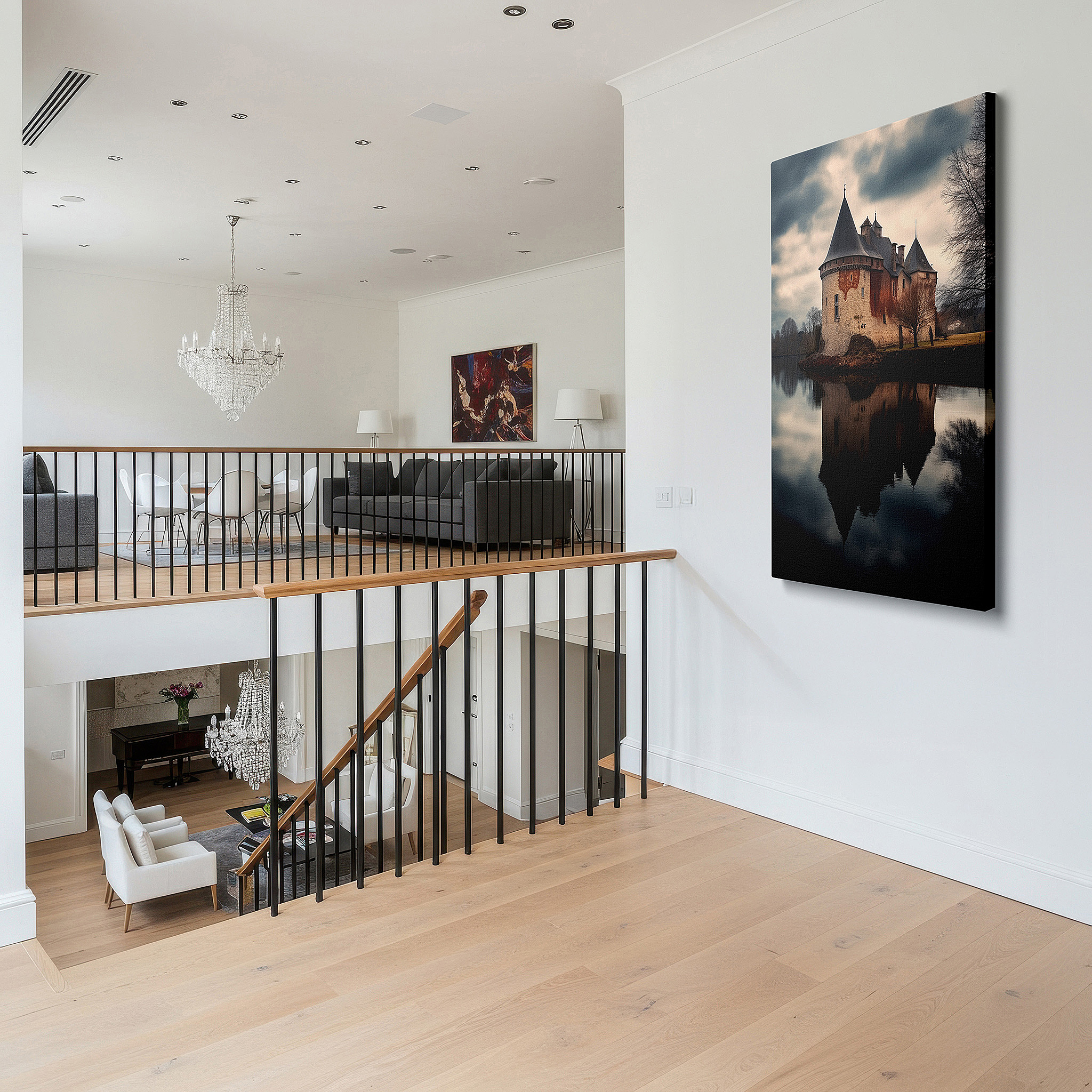 Side profile highlights a tightly wrapped canvas over a 3 cm deep stretcher — enigmatic castle by the lake wall art: large canvas for office, bedroom, and living room decor, mysterious and solitary