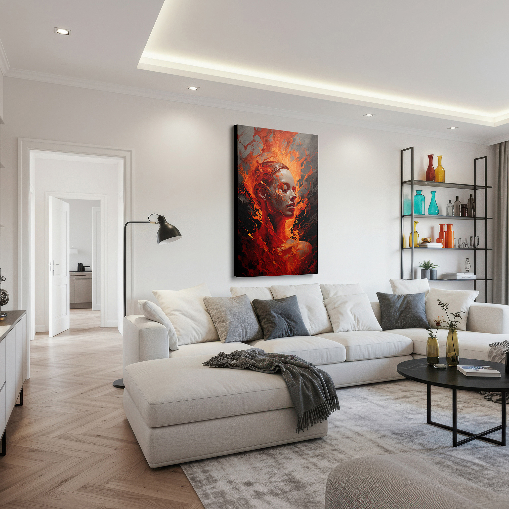 Side profile highlights a tightly wrapped canvas over a 3 cm deep stretcher — fiery aura of serenity: a vivid depiction of inner strength and transformation - large wall art, canvas wall art, wall decor for office and bedroom