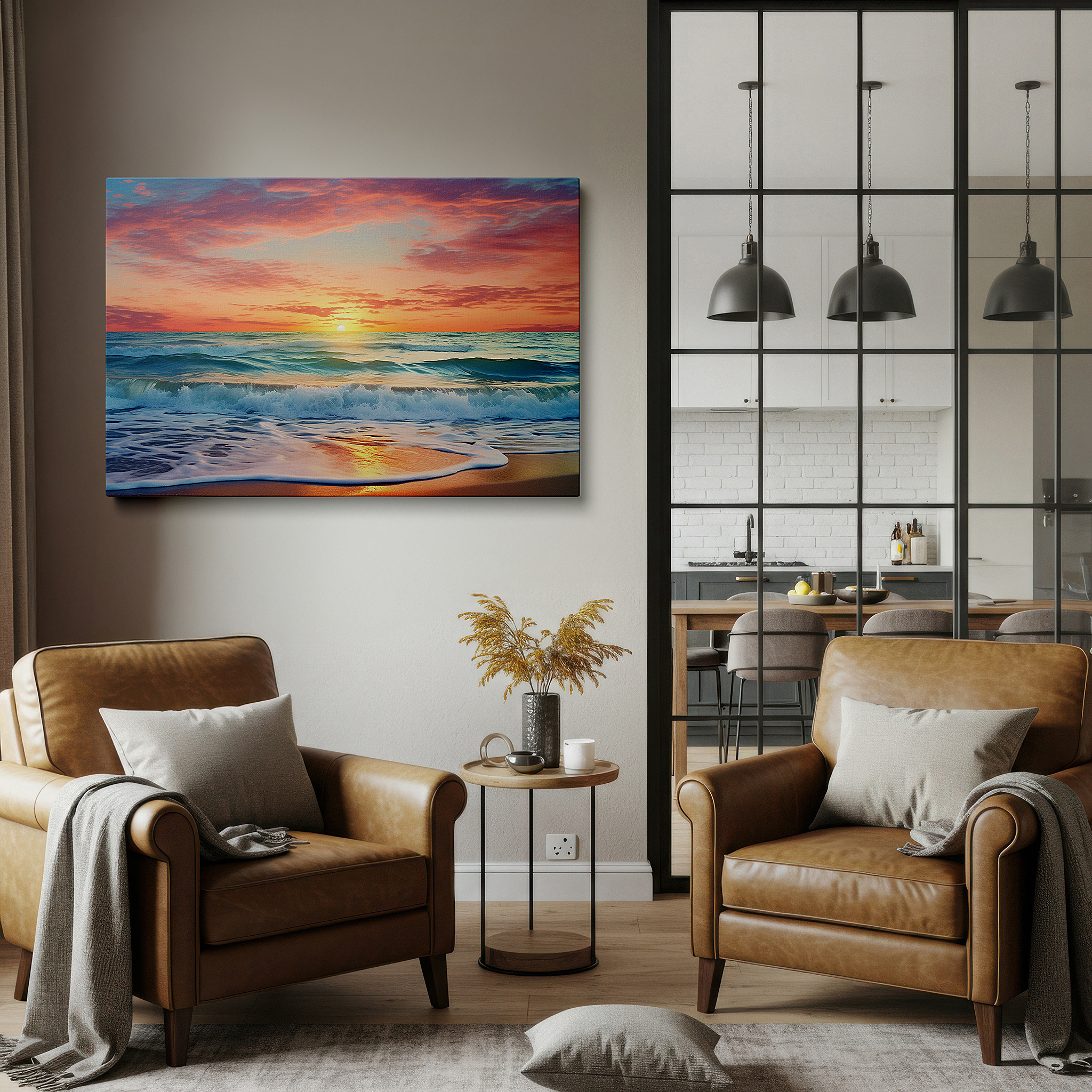 Side profile highlights a tightly wrapped canvas over a 3 cm deep stretcher — fiery hues and tranquil blues: sunset over the ocean large wall art, canvas wall art, wall decor for office and bedroom