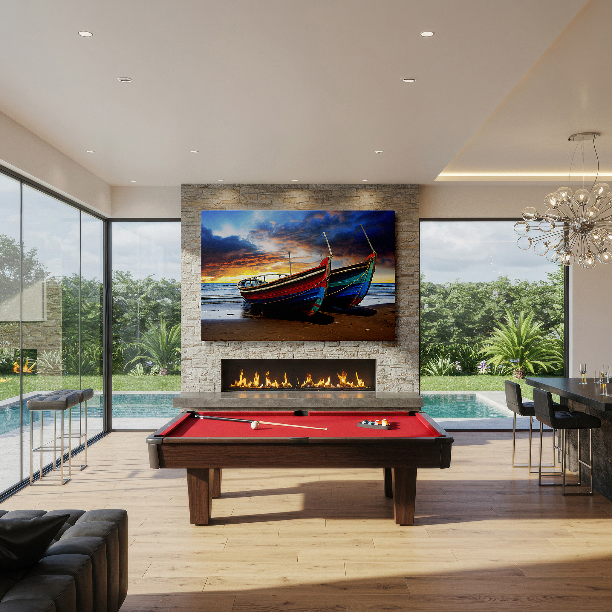 Side profile highlights a tightly wrapped canvas over a 3 cm deep stretcher — fiery sunset over abandoned boats, serene beachscape reflecting time - large canvas wall art for office and bedroom decor