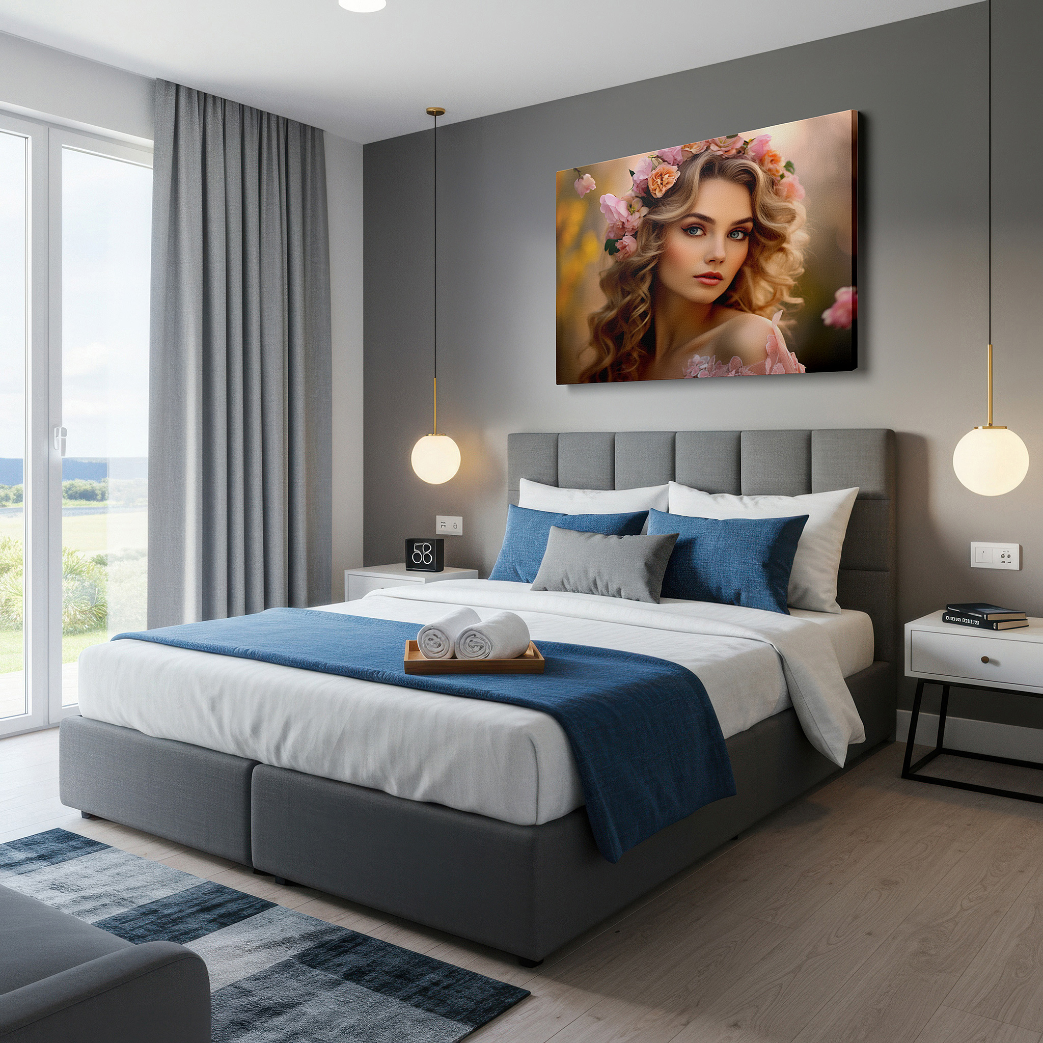 Side profile highlights a tightly wrapped canvas over a 3 cm deep stretcher — floral crown portrait: timeless elegance and natural beauty - large canvas wall art for bedrooms and offices