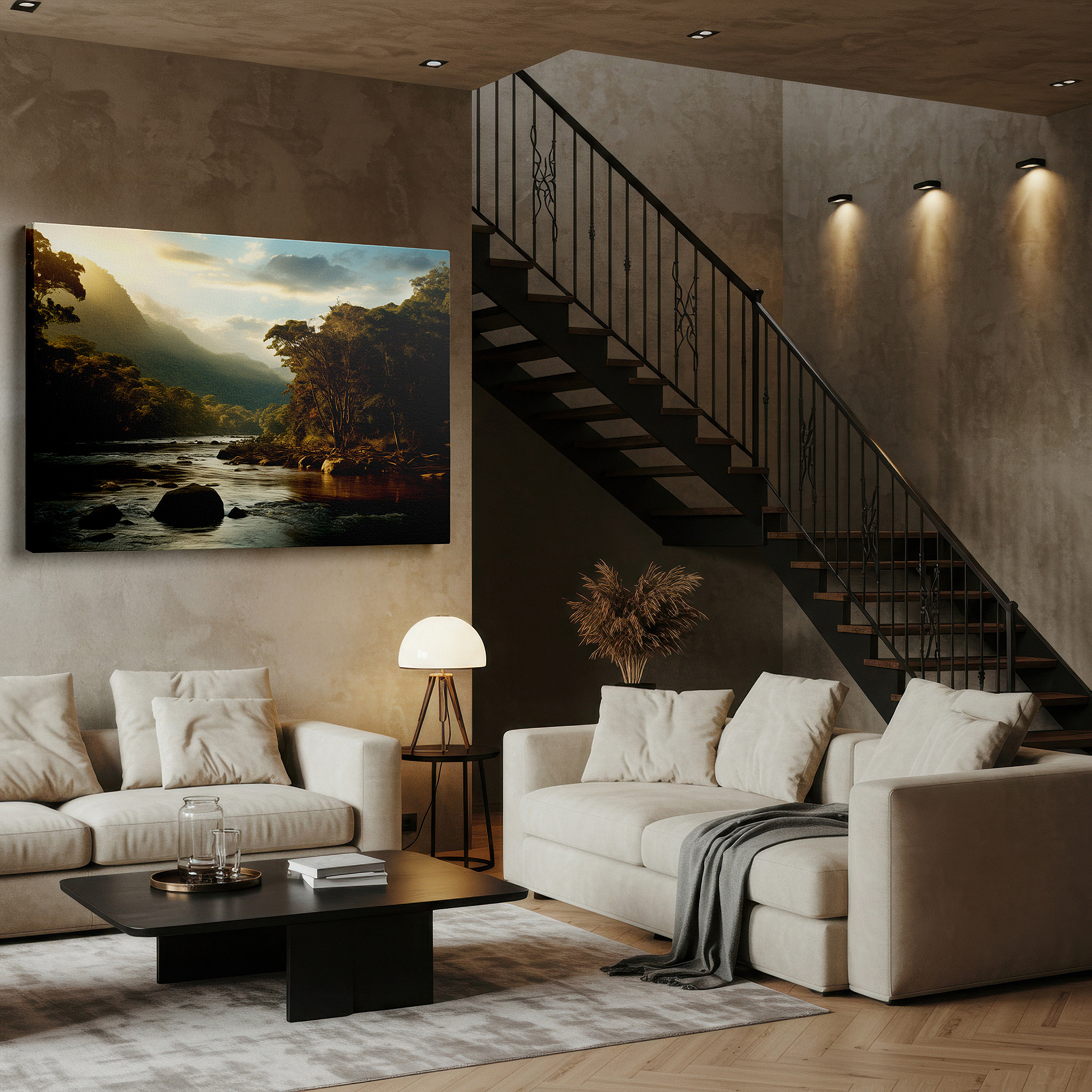 Side profile highlights a tightly wrapped canvas over a 3 cm deep stretcher — golden hour at the tropical river - serene paradise large wall art, canvas wall art, wall decor for office, bedroom, and living room