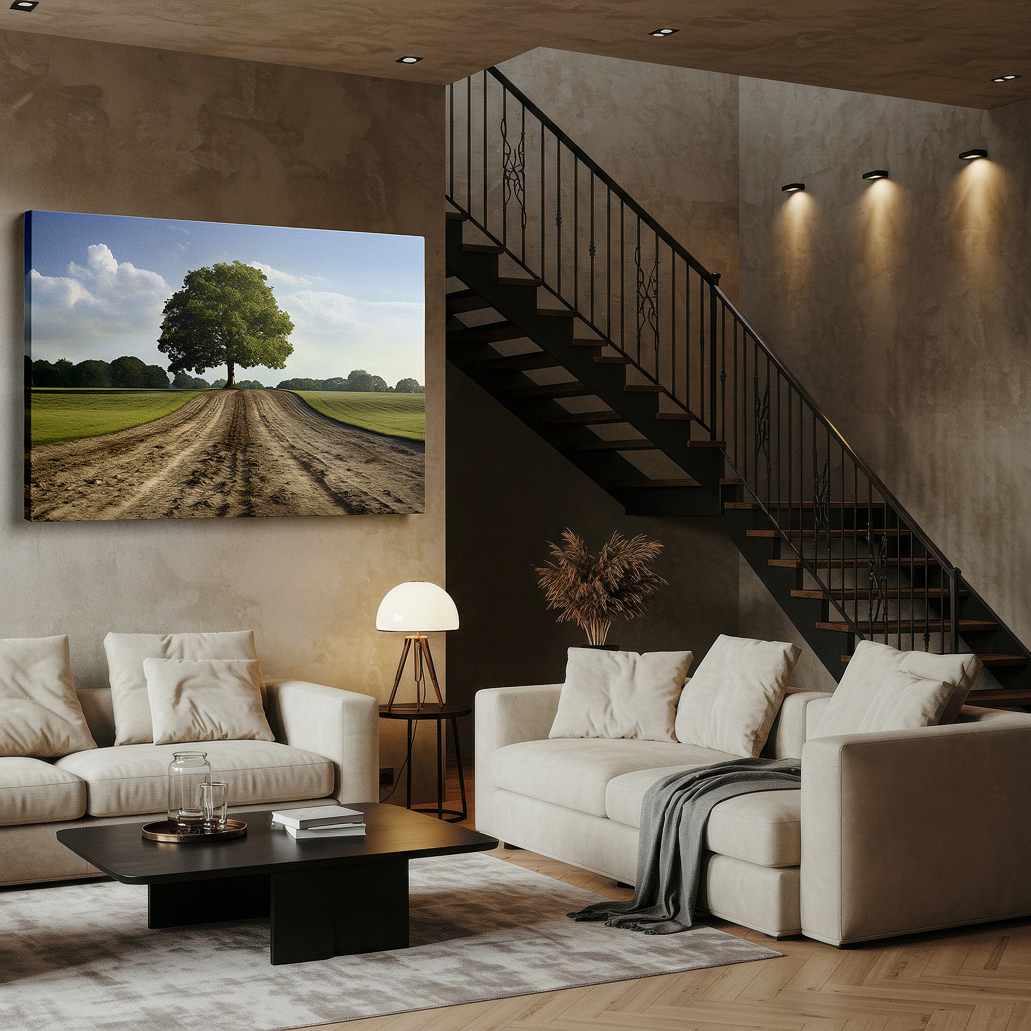 Side profile highlights a tightly wrapped canvas over a 3 cm deep stretcher — grand tree in majestic solitude on a dusty path - large canvas wall art for office, bedroom, and living room decor