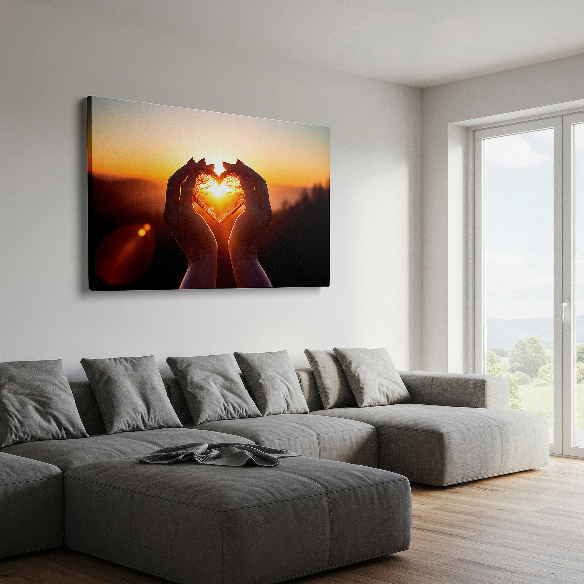 Side profile highlights a tightly wrapped canvas over a 3 cm deep stretcher — heart-shaped hands at sunset wall art, representing unity and love - ideal for office, living room, or bedroom decor