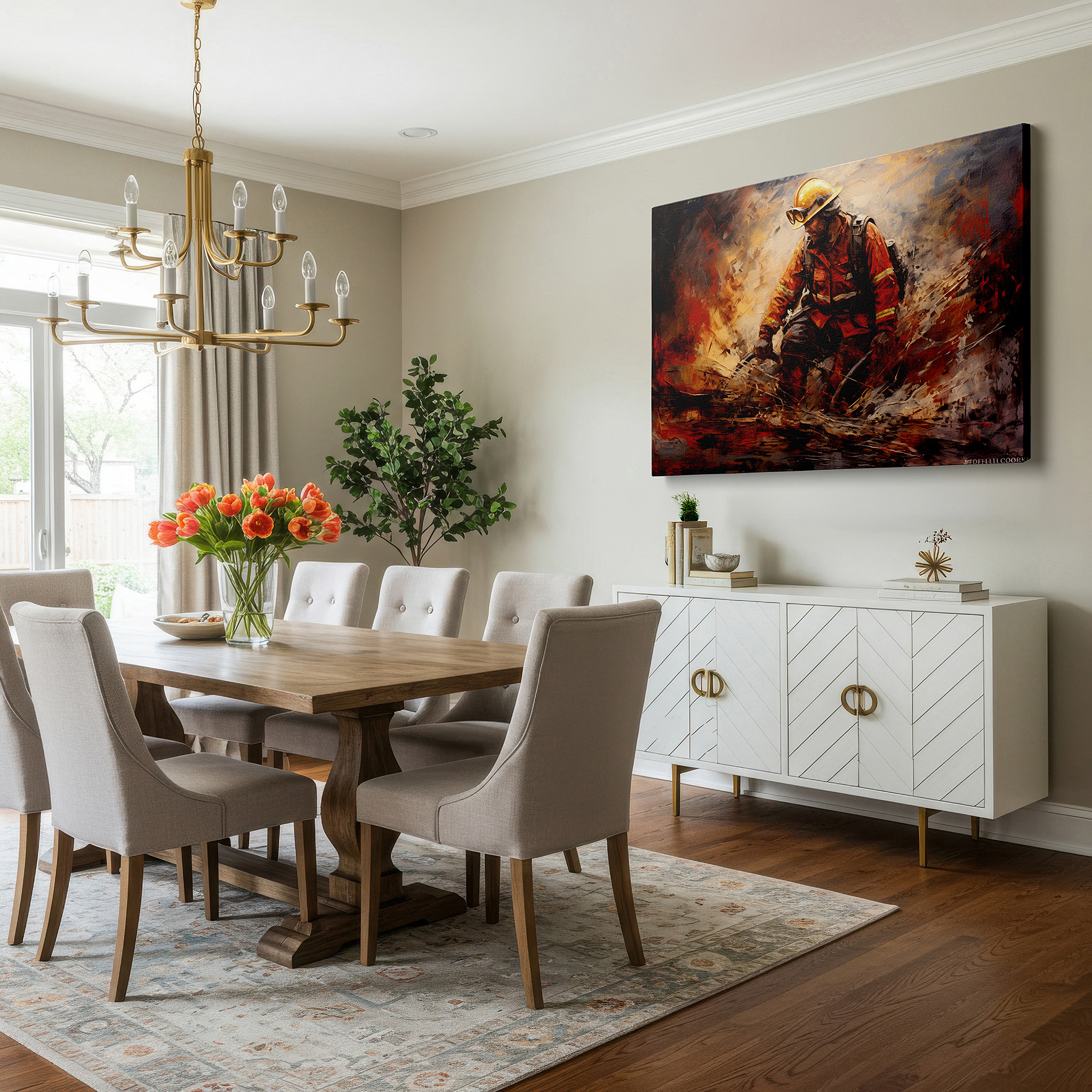 Side profile highlights a tightly wrapped canvas over a 3 cm deep stretcher — heroic firefighter in action amidst flames and smoke large wall art, canvas wall art, wall decor, office wall art