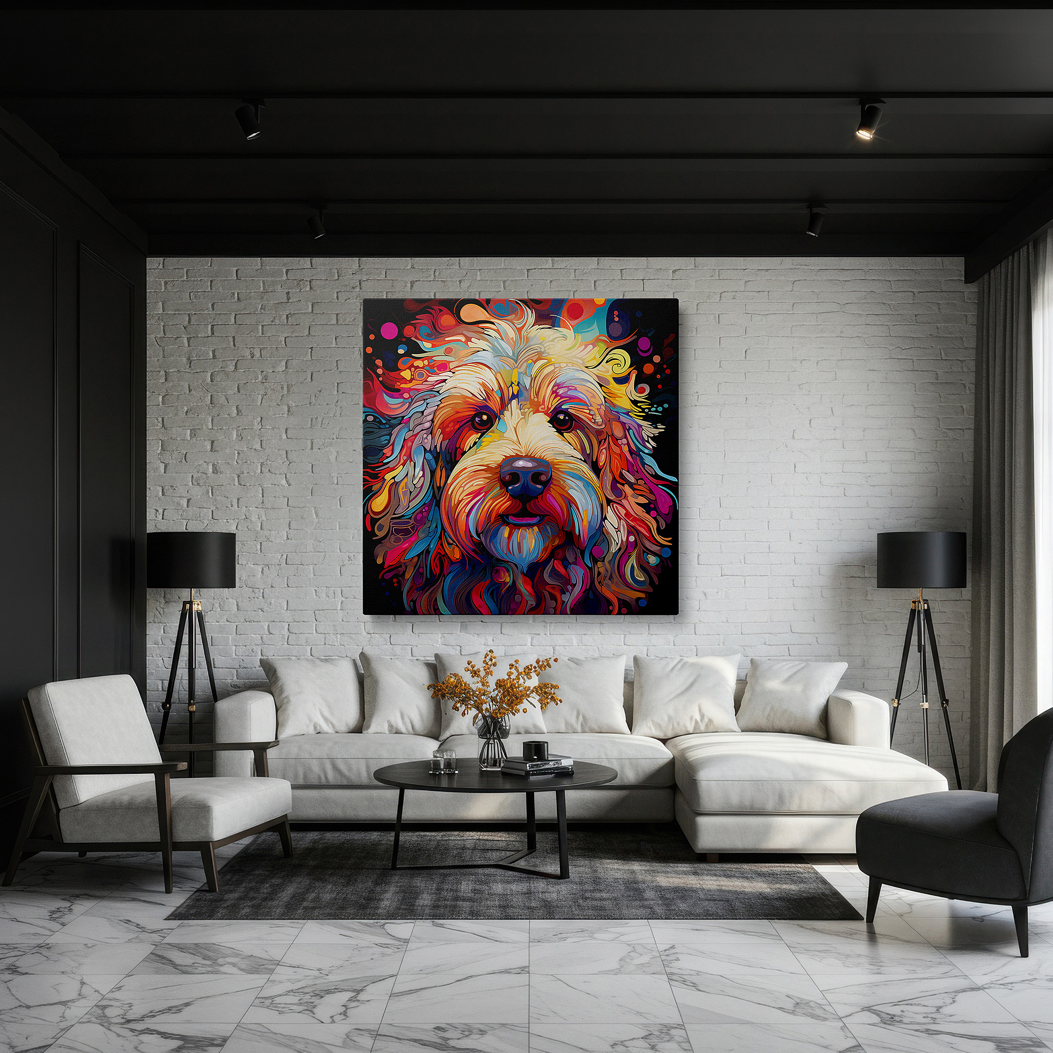 Side profile highlights a tightly wrapped canvas over a 3 cm deep stretcher — joyful and vibrant dog portrait: large canvas wall art for home and office decor