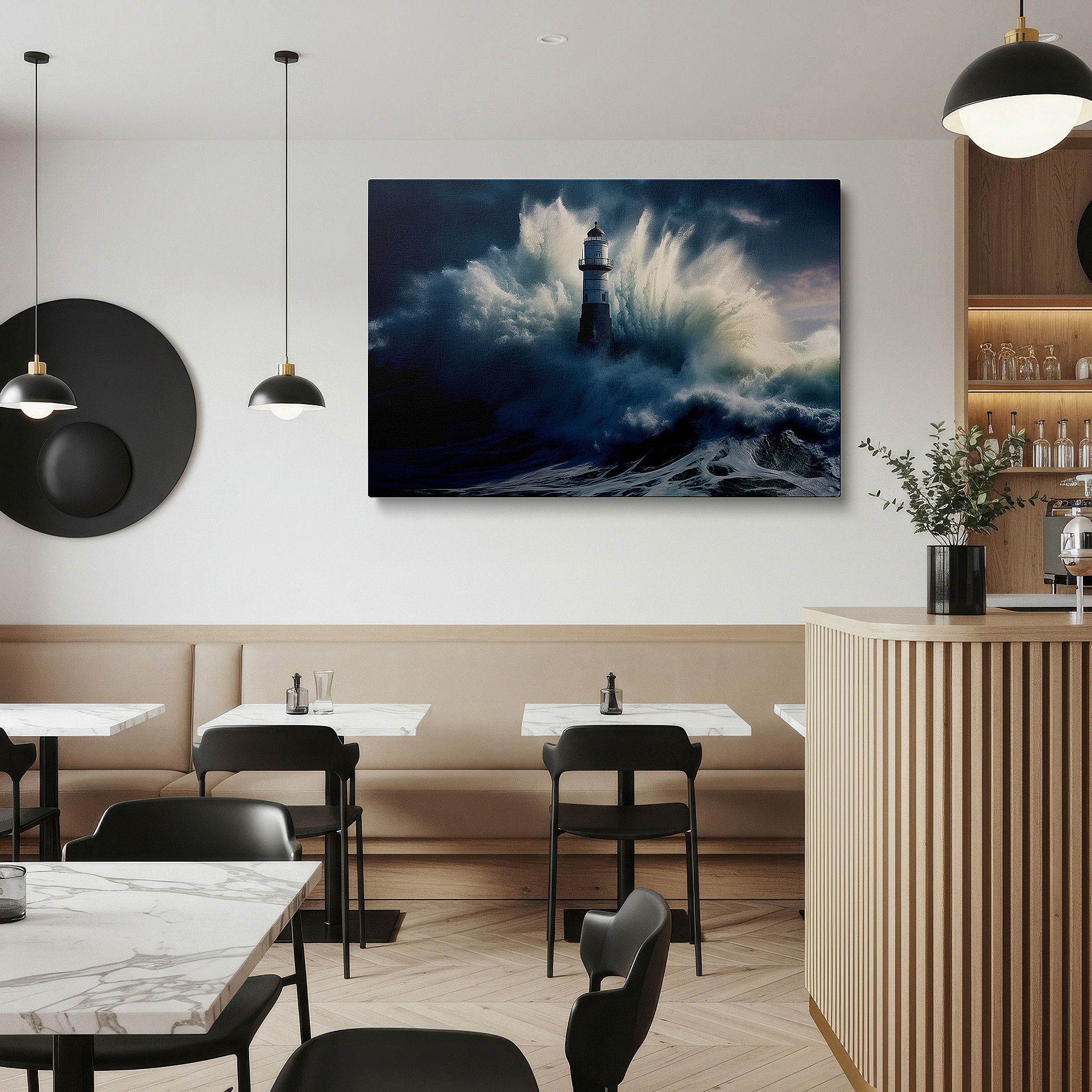 Side profile highlights a tightly wrapped canvas over a 3 cm deep stretcher — lighthouse amidst nature's fury wall art - symbolizing resilience and hope, perfect for office, bedroom, and home decor, available as large canvas art