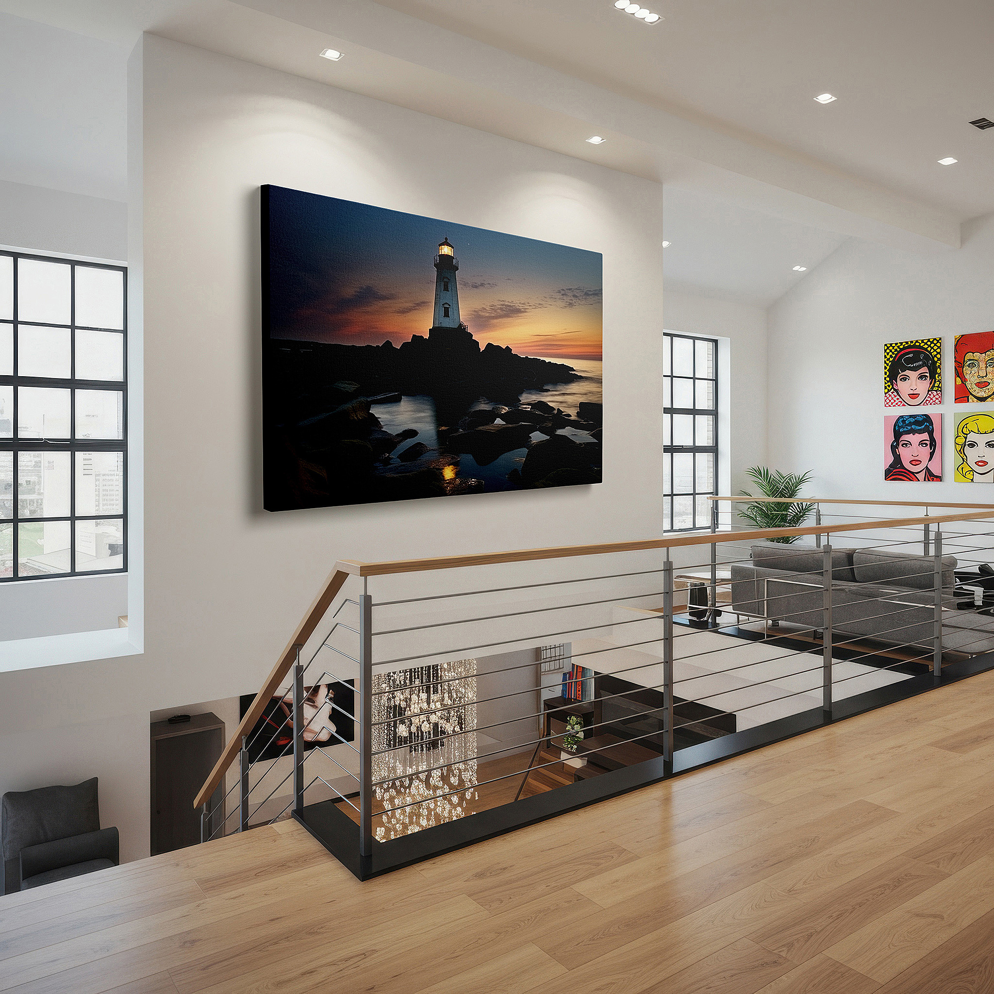 Side profile highlights a tightly wrapped canvas over a 3 cm deep stretcher — lighthouse beacon of hope wall art: fiery skies and tranquil seas - large canvas for home and office decor, perfect for living room and bedroom