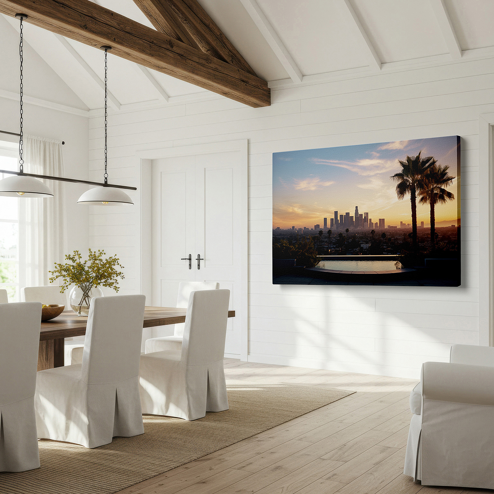 Side profile highlights a tightly wrapped canvas over a 3 cm deep stretcher — los angeles skyline at sunset wall art - urban elegance meets natural serenity, large canvas decor for office and bedroom