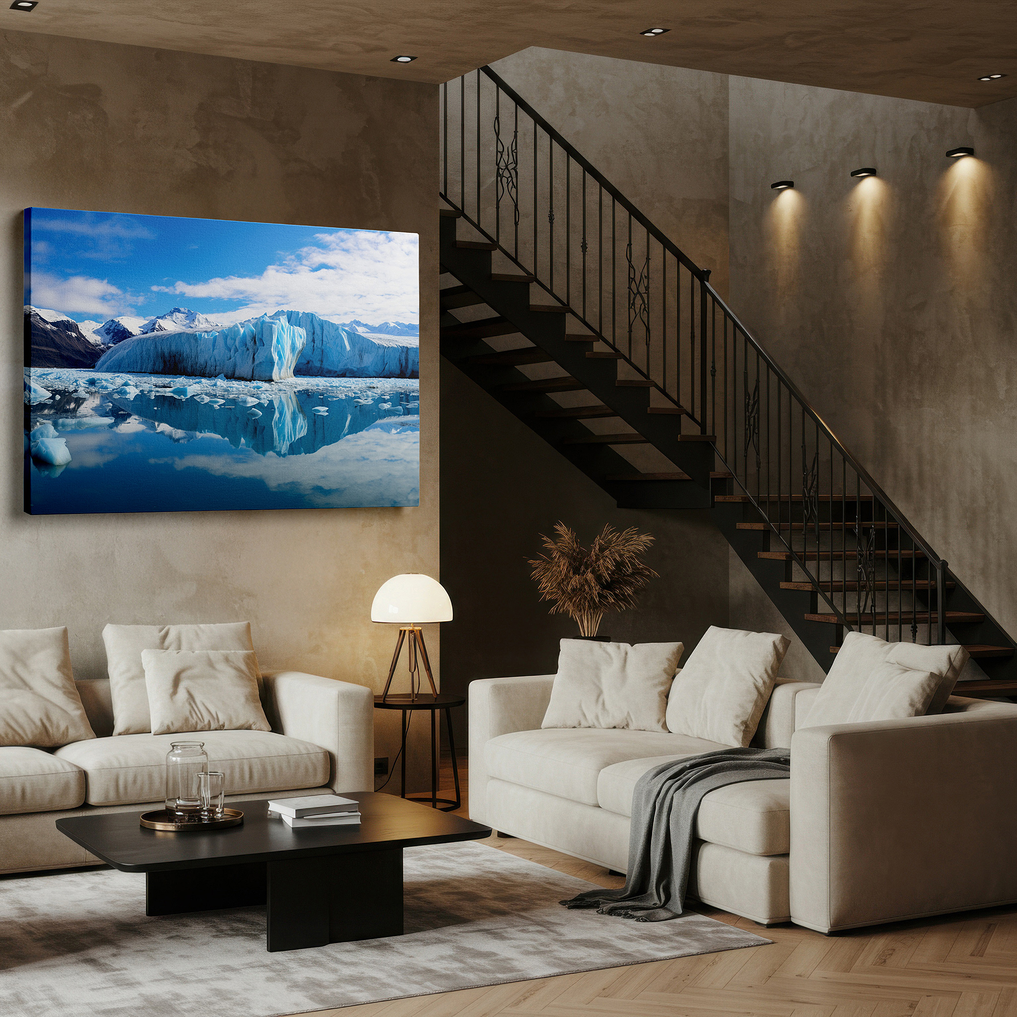 Side profile highlights a tightly wrapped canvas over a 3 cm deep stretcher — majestic iceberg in peaceful glacial waters: a tranquil symphony of blues and whites - large canvas wall art for office decor