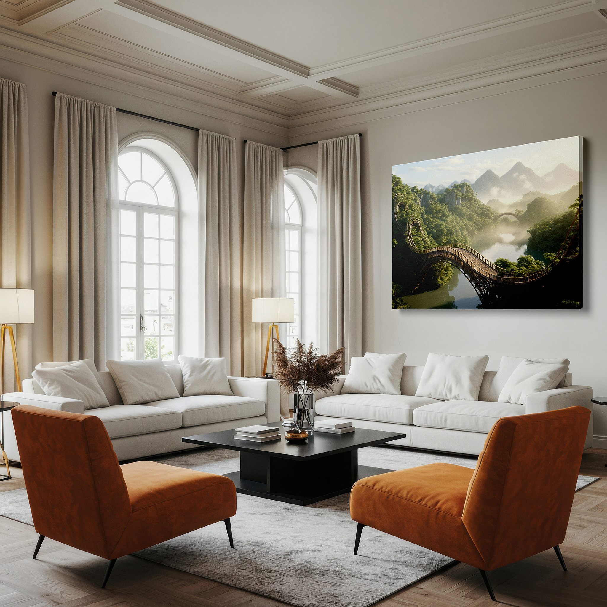 Side profile highlights a tightly wrapped canvas over a 3 cm deep stretcher — majestic mountains and tranquil river with rustic bridge surrounded by lush greenery large wall art, canvas wall art, wall decor for office and bedroom